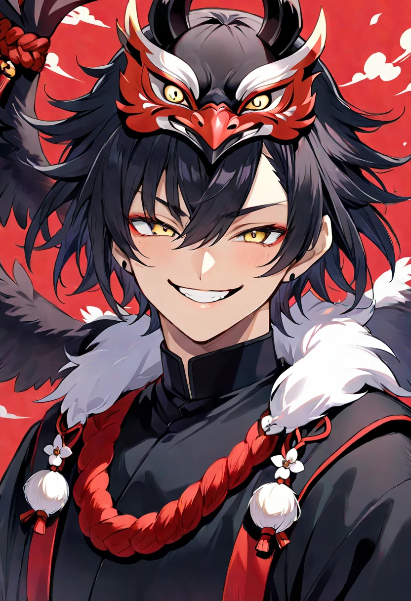 A boy::1 hands holding up a lion's head::2, serious expression, red lantern, chinese year, indoor, chinese clothes, chinese style, red, lion dance