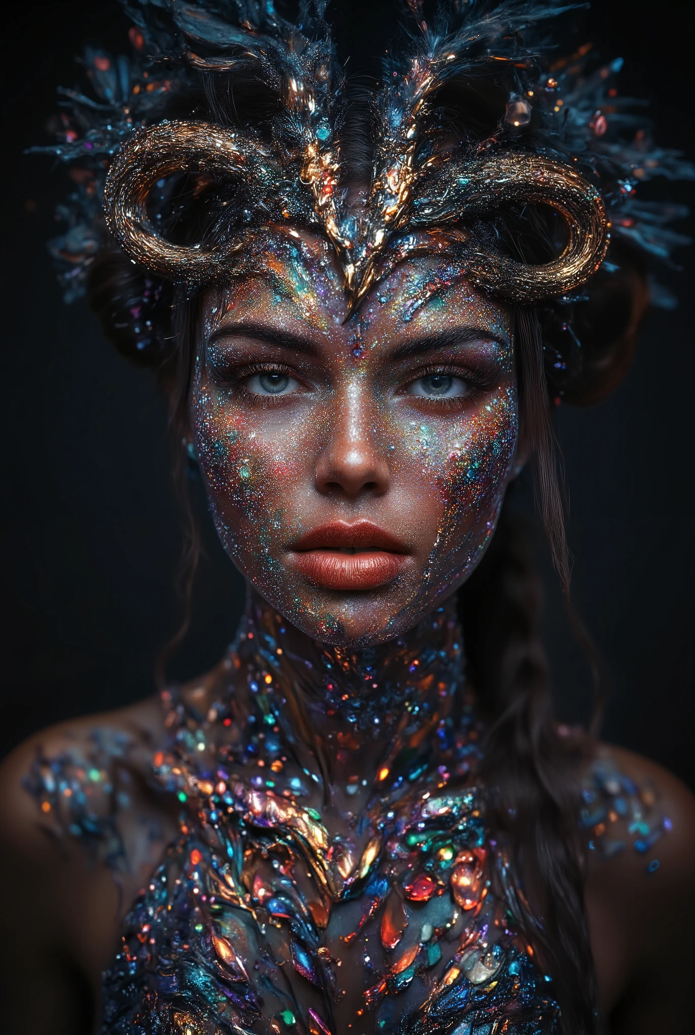 prompt:A captivating portrait of a young woman adorned with an elaborate display of colorful gemstones and intricate embellishments. Her skin is covered in a shimmering layer of tiny beads and jewels, reflecting a myriad of vivid colors—reds, blues, greens, and purples—that create a striking contrast against a dark background. The woman has long, flowing hair, partially hidden by a headpiece adorned with sharp, ornate horns, enhancing her mystical, otherworldly presence. Her large, striking blue eyes draw the viewer in, framed by thick eyelashes. The expression on her face is both fierce and enigmatic, with full lips painted in a bold red hue. Delicate strands of crystal-like embellishments cascade down her shoulders, giving a sense of movement. The environment is almost ethereal, with a soft glow emanating from the gems, casting a radiant light across her features. The overall atmosphere is enchanting and dramatic, reflecting a blend of fantasy and high fashion, evoking themes of power and beauty.
