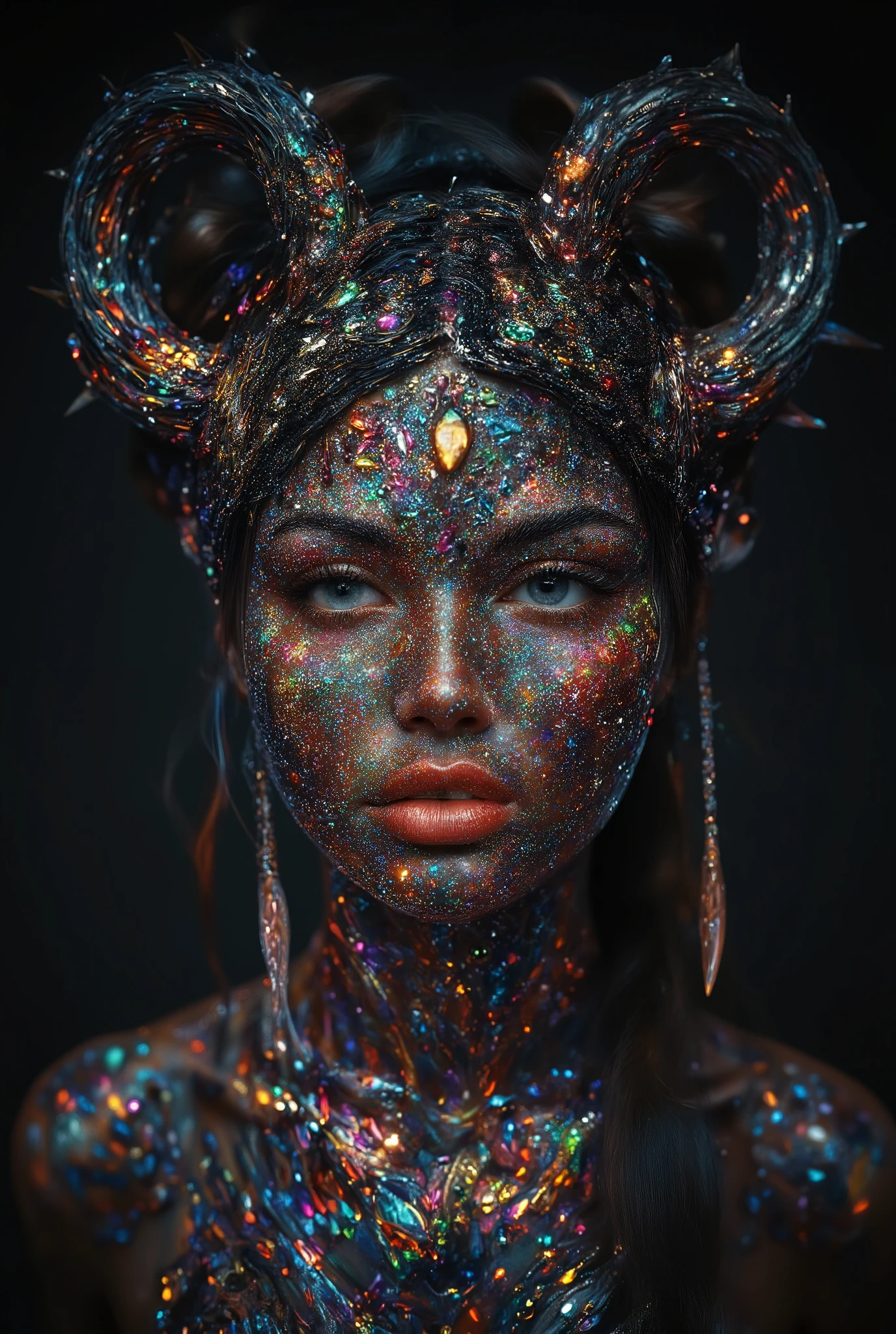 prompt:A captivating portrait of a young woman adorned with an elaborate display of colorful gemstones and intricate embellishments. Her skin is covered in a shimmering layer of tiny beads and jewels, reflecting a myriad of vivid colors—reds, blues, greens, and purples—that create a striking contrast against a dark background. The woman has long, flowing hair, partially hidden by a headpiece adorned with sharp, ornate horns, enhancing her mystical, otherworldly presence. Her large, striking blue eyes draw the viewer in, framed by thick eyelashes. The expression on her face is both fierce and enigmatic, with full lips painted in a bold red hue. Delicate strands of crystal-like embellishments cascade down her shoulders, giving a sense of movement. The environment is almost ethereal, with a soft glow emanating from the gems, casting a radiant light across her features. The overall atmosphere is enchanting and dramatic, reflecting a blend of fantasy and high fashion, evoking themes of power and beauty.