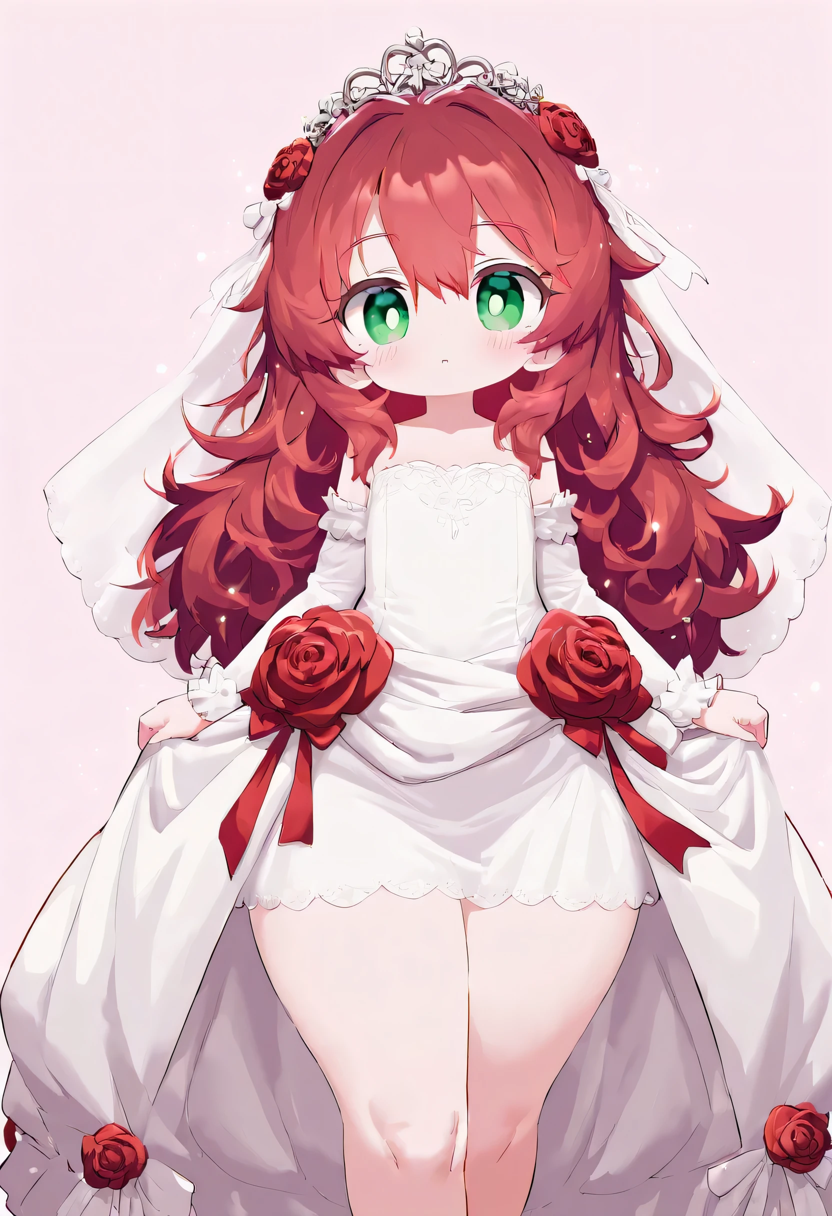 Portrait of a young girl in a sexy wedding gown holding a boquet of red roses on a light pink background. (She has long wavy red hair, green eyes. Detailed face, detailed eyes.) (Petite, small and flat-chested, but with wide hips and thick thighs) (Romantic athmosphere, rose particles)