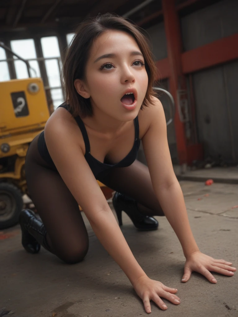 woman, whole body, slender, round face, small breasts, bob cut, (stockings), Straddle to ram your crotch into an exposed pipe standing on the ground, spread legs, raise your legs, open your mouth, , masturbation, ecstasy face, on the streets of downtown, sunset,