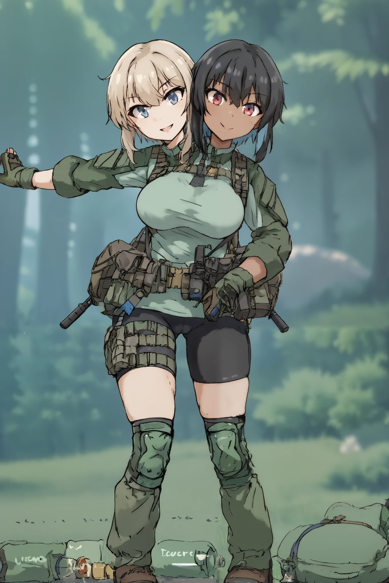 2heads, twoheads, a tall thin woman with 2 heads, white hair, black hair, blue eyes, red eyes, half dark skin and light beige skin, two tone skin, light beige skin, dark skin, short hair, combat shirt, bike shorts, green knee pads, loose green gaiters, gloves, brown shoes, large breasts, front shots, forest
