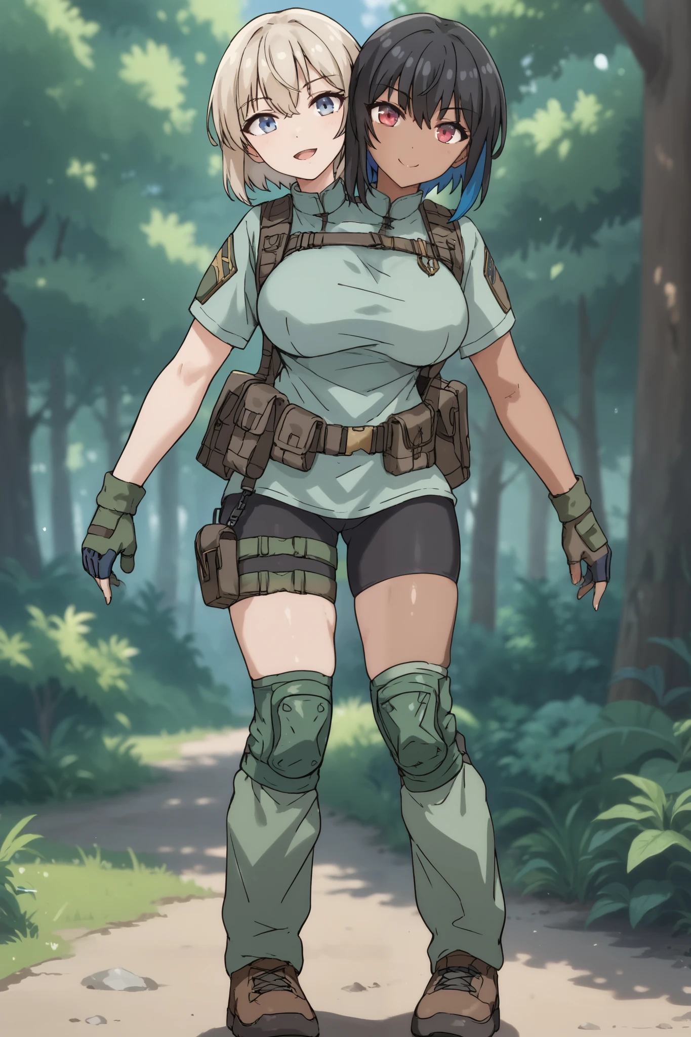 2heads, twoheads, a tall thin woman with 2 heads, white hair, black hair, blue eyes, red eyes, half dark skin and light beige skin, two tone skin, light beige skin, dark skin, short hair, combat shirt, bike shorts, green knee pads, loose green gaiters, gloves, brown shoes, large breasts, front shots, forest