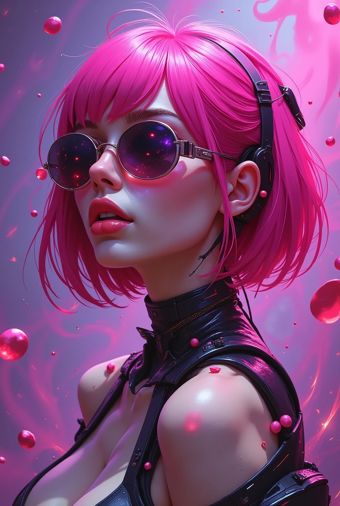 "Create an expressionist digital portrait art of a cybernetics bio-mechanical with vibrant pink hair and bold makeup. She should be wearing stylish, futuristic sunglasses that reflect abstract patterns. The background should feature swirling pink and purple hues with a gloomy, vibrant glow. Use exaggerated brush strokes to convey emotion and energy, emphasizing contrasts between light and dark. Highlight her full lips and expressive eyes, blending elegance and modernity while evoking a sense of passion and intensity typical of expressionist art."