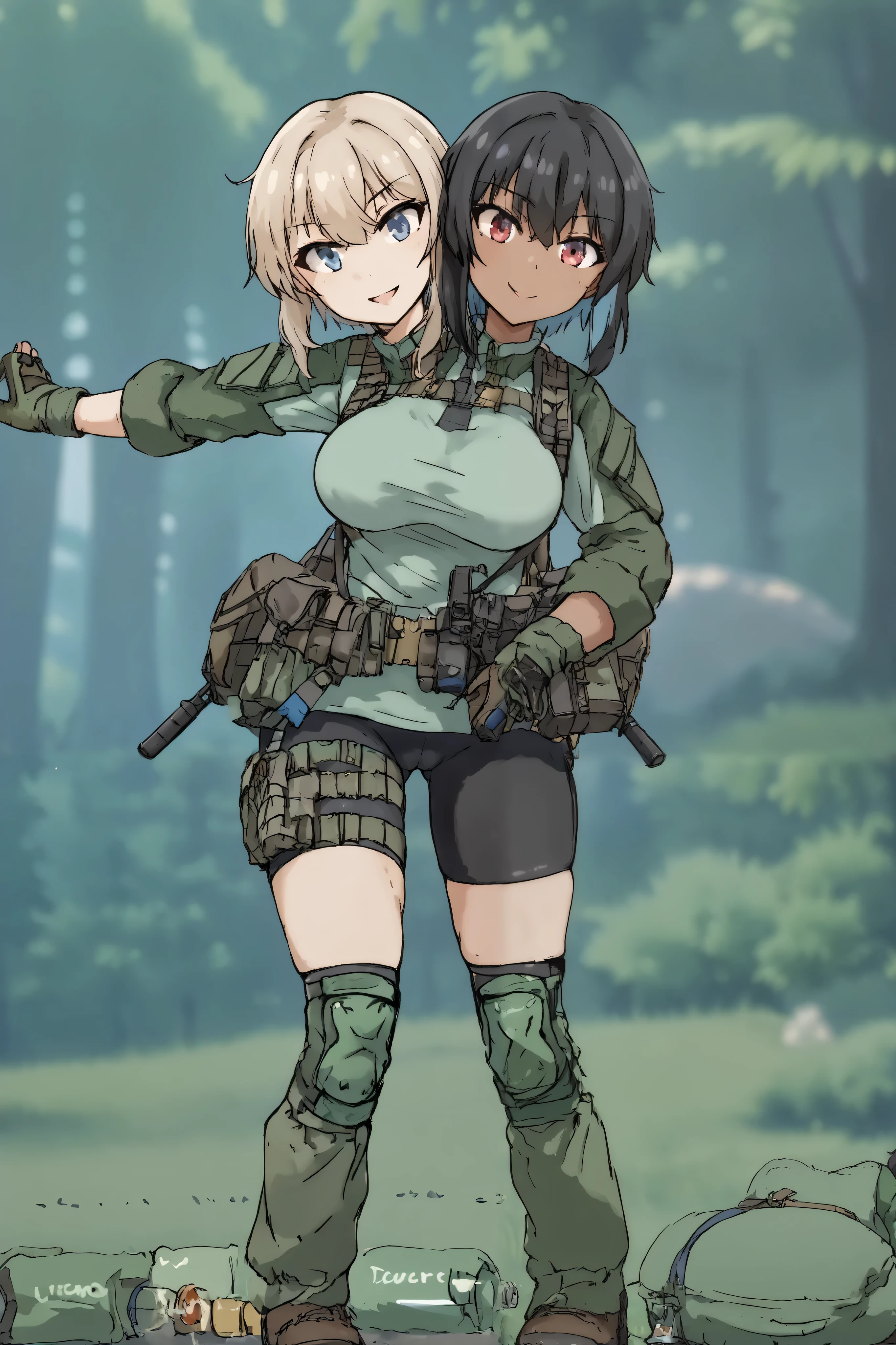 2heads, twoheads, a tall thin woman with 2 heads, white hair, black hair, blue eyes, red eyes, half dark skin and light beige skin, two tone skin, light beige skin, dark skin, short hair, combat shirt, bike shorts, green knee pads, loose green gaiters, gloves, brown shoes, large breasts, front shots, forest