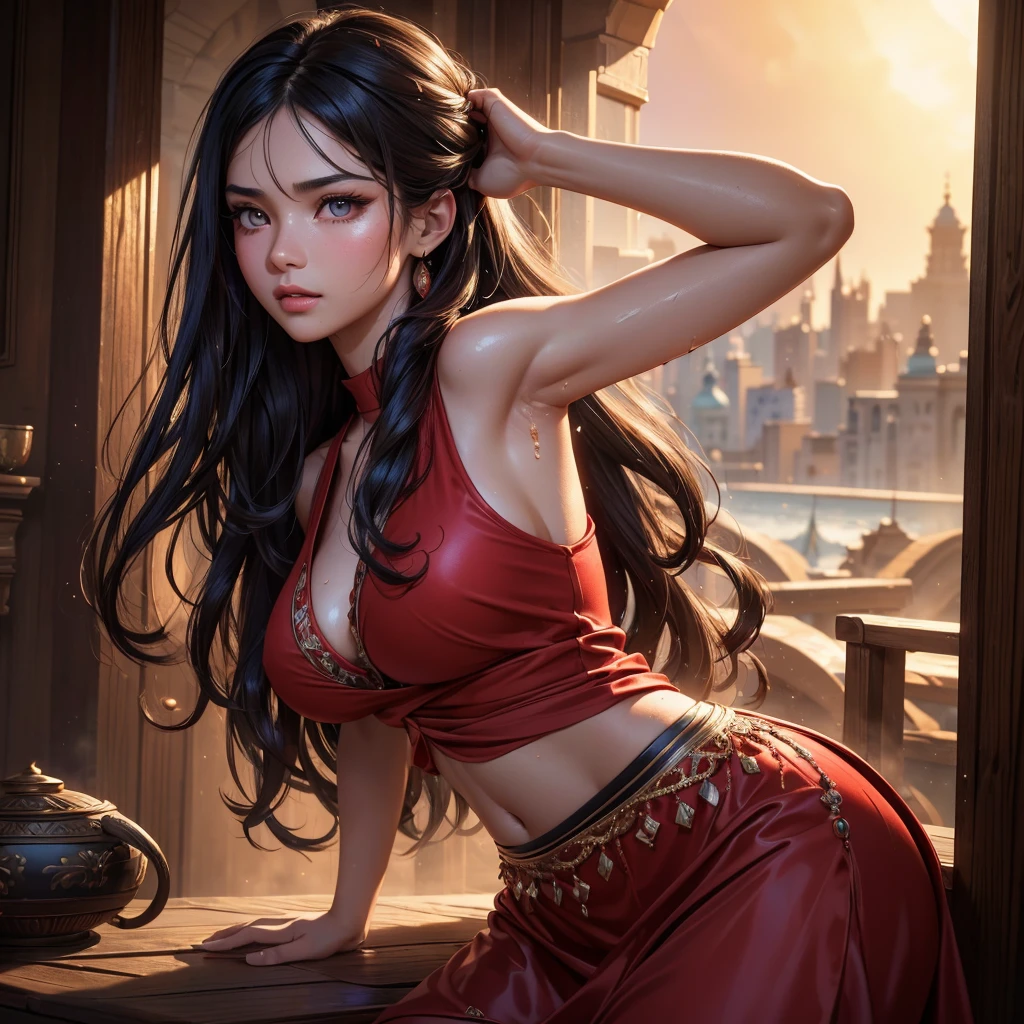 medieval setting, full view of body, 1 skinny female with large breast, beatiful smokey green eyes, black hair pinned up, shoulder free beautiful tunic, red scarf around her neck, eerie sunset