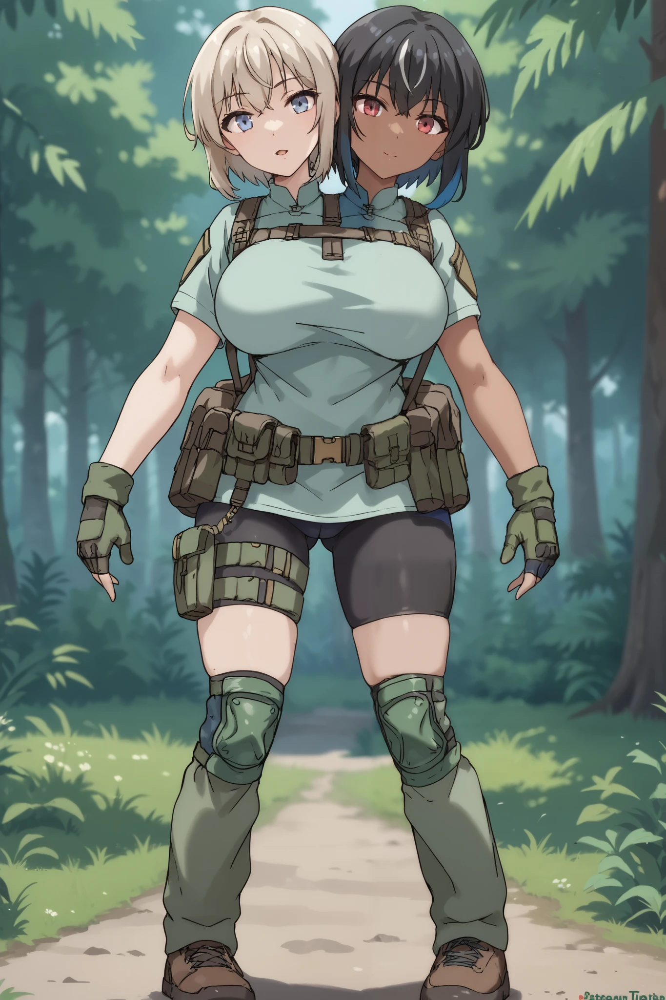 2heads, twoheads, a tall thin woman with 2 heads, white hair, black hair, blue eyes, red eyes, half dark skin and light beige skin, two tone skin, light beige skin, dark skin, short hair, combat shirt, bike shorts, green knee pads, loose green gaiters, gloves, brown shoes, large breasts, front shots, forest
