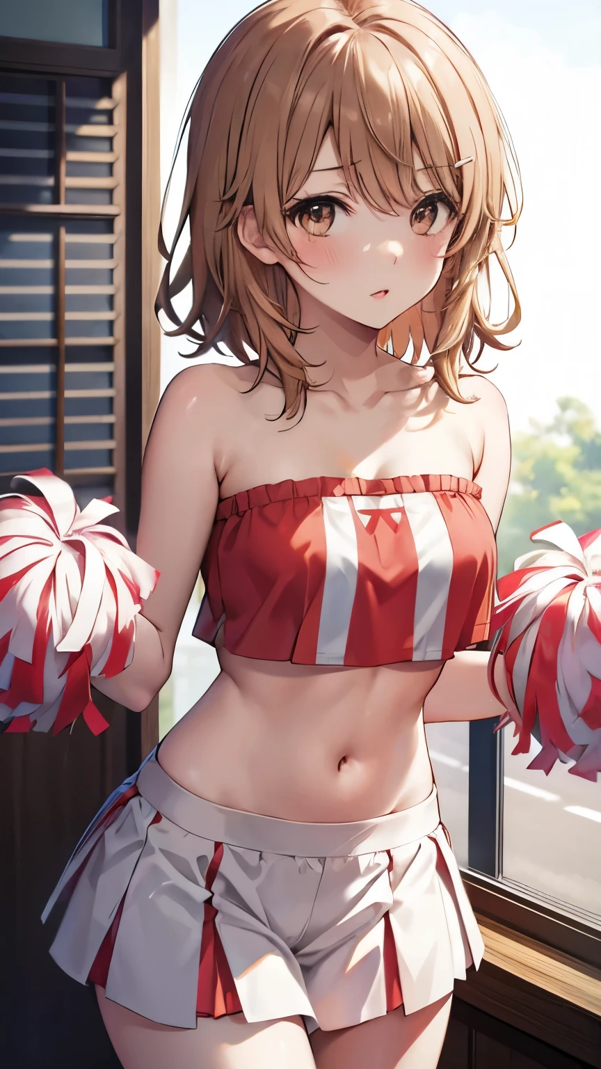 Masterpiece,Highest quality,8k,Ultra-high resolution,appropriate margins,lighting,BREAK,1 person,Very beautiful adult woman with Japan,Slim body,Very ample large breasts,Deep cleavage,Moisturized Skin,BREAK,short hair,mascara,Eyeliner,Light pink lip,Thin teak,Thick upper eyelashes,Thin eyebrows,BREAK,Light purple eyes,BREAK,Underboob,Shy smile,BREAK,(Shorts),((Cheerleader Outfits))