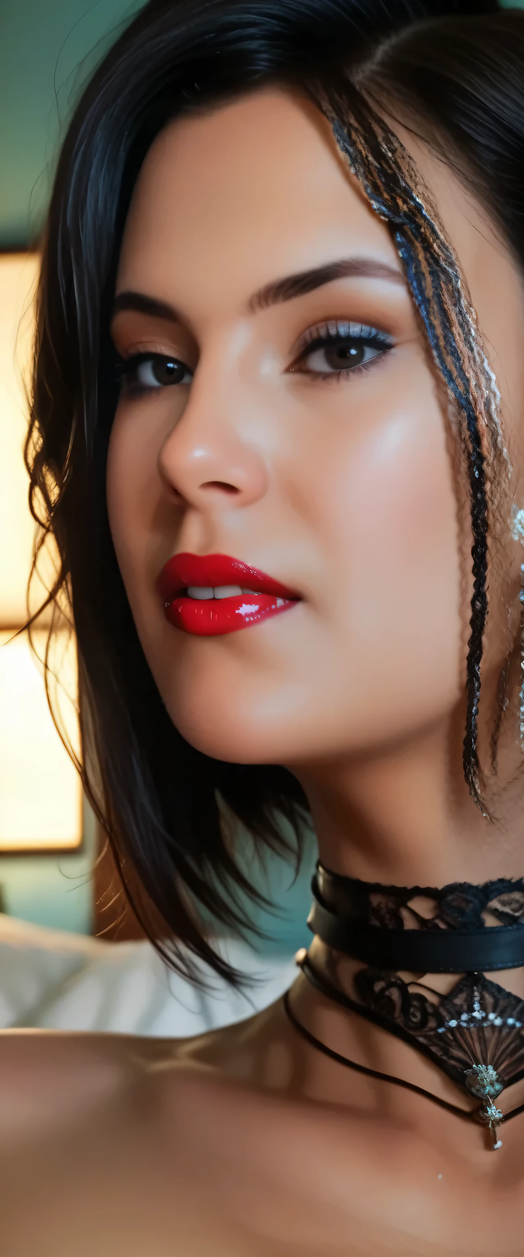 sfw:2.stop.(masterpiece, best_quality:1.2), 1girl, solo, red lips, on bed,black_hair, detailed_face, full_body:2,anatomically_correct,intricate_details, photorealistic, cinematic_lighting, vibrant_colors, high_resolution