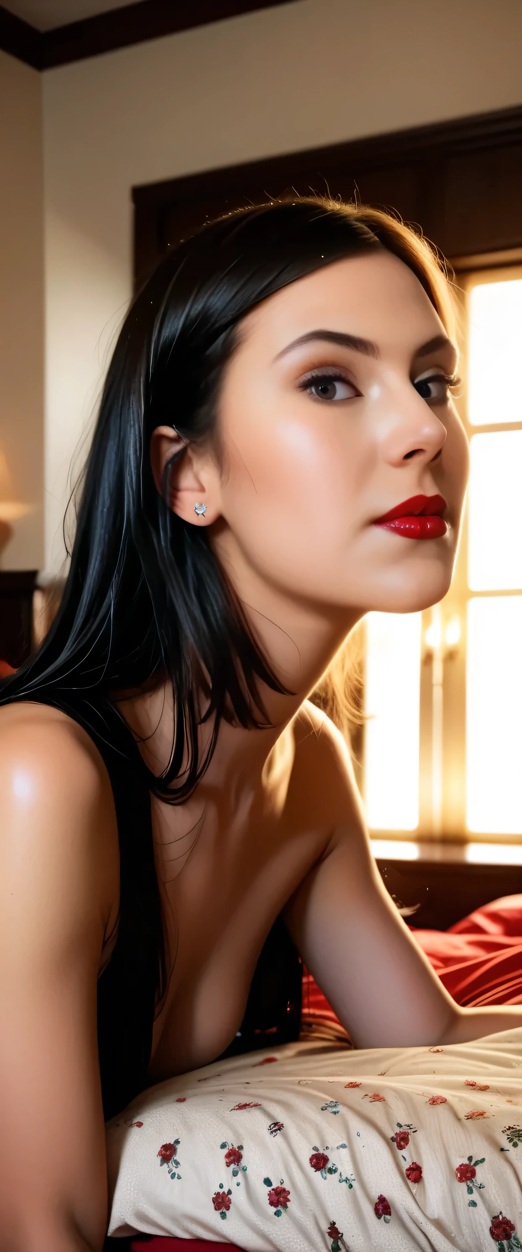 sfw:2.stop.(masterpiece, best_quality:1.2), 1girl, solo, red lips, on bed,black_hair, detailed_face, full_body:2,anatomically_correct,intricate_details, photorealistic, cinematic_lighting, vibrant_colors, high_resolution