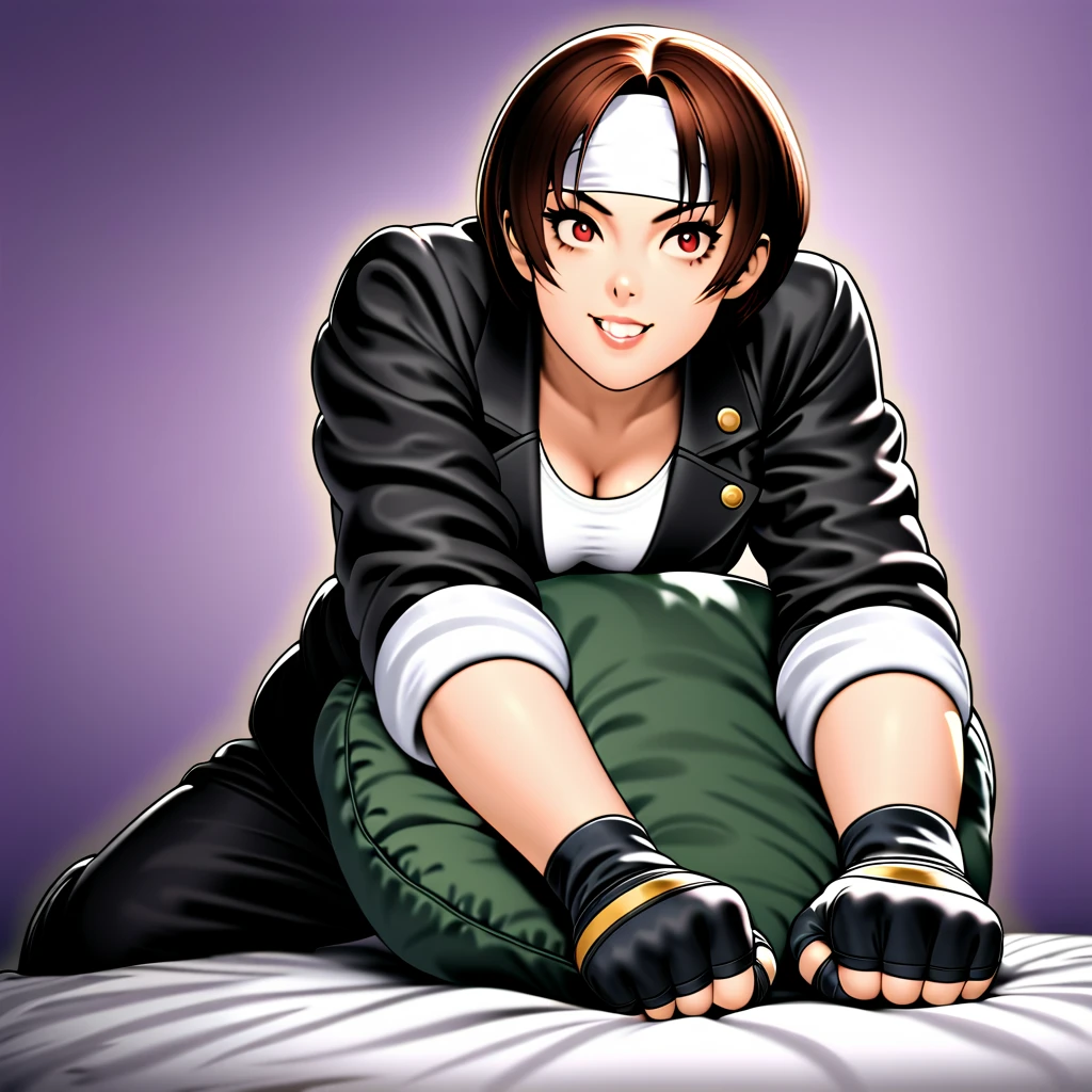 Single, female, short cut, dark hair, dark skin, red eyes, ((black jacket with rolled up arms)), fingerless gloves, white T-shirt, (white headband on forehead), black pants, white shoes, brown belt, cute, indoor-oriented, charming, top quality, neat face, neat eyes, sitting on black sofa She is smoking, looking at her smart phone, lying down, beautiful Japanese girl, she is surprised to see the front of the room. Her eyes are wide open, her gaze is slightly downward, her mouth is half open,