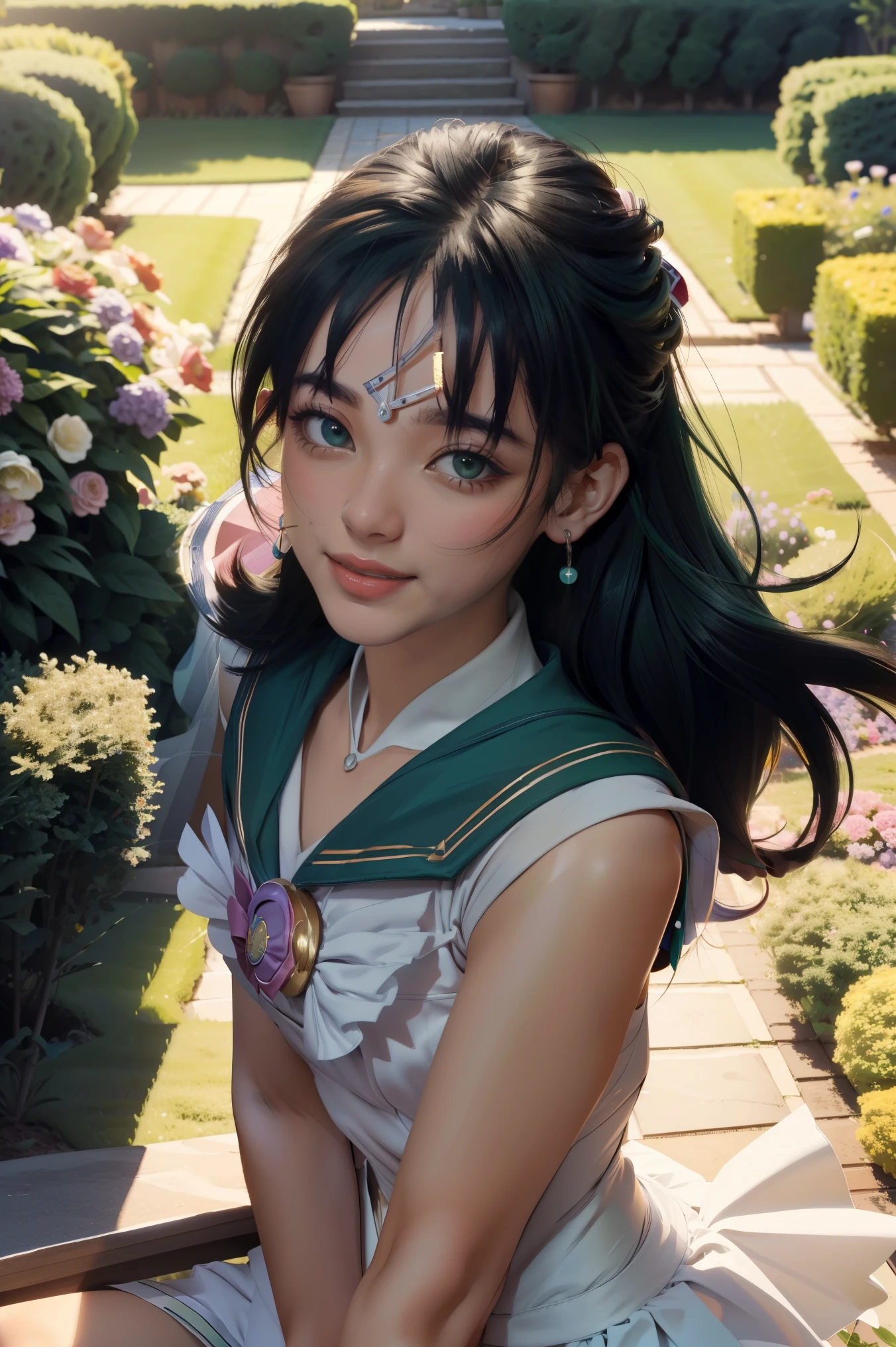 (Extreme Detail CG Unity 8K wallpaper, masterpiece, highest quality), (exquisite lighting and shadow, highly dramatic picture, cinematic lens effect), (Sailor Moon: 1.4), delicate facial features, charming smile, star eyes, ((dark green hair)), tight top, white gloves, mini skirt, dynamic pose, lying in the garden), (background in a garden full of flowers) (excellent detail, outstanding lighting, wide angle), (excellent rendering, enough to be proud of its kind),
