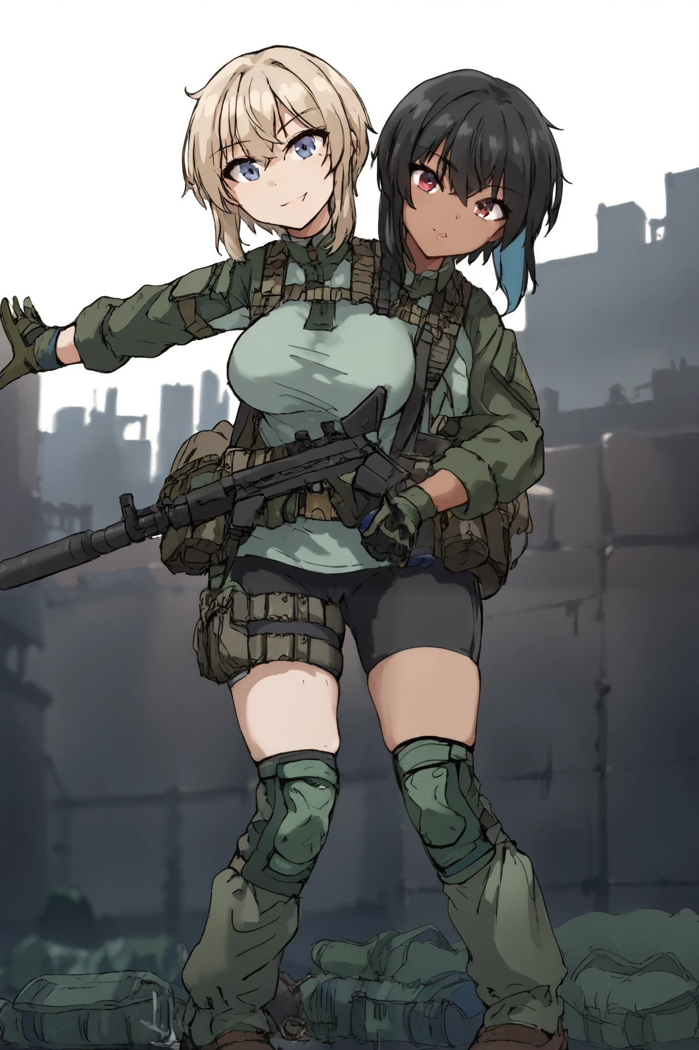 2heads, twoheads, a tall thin woman with 2 heads, white hair, black hair, blue eyes, red eyes, half dark skin and light beige skin, two tone skin, light beige skin, dark skin, short hair, combat shirt, bike shorts, green knee pads, loose green gaiters, gloves, brown shoes, large breasts, front shots, abandoned city