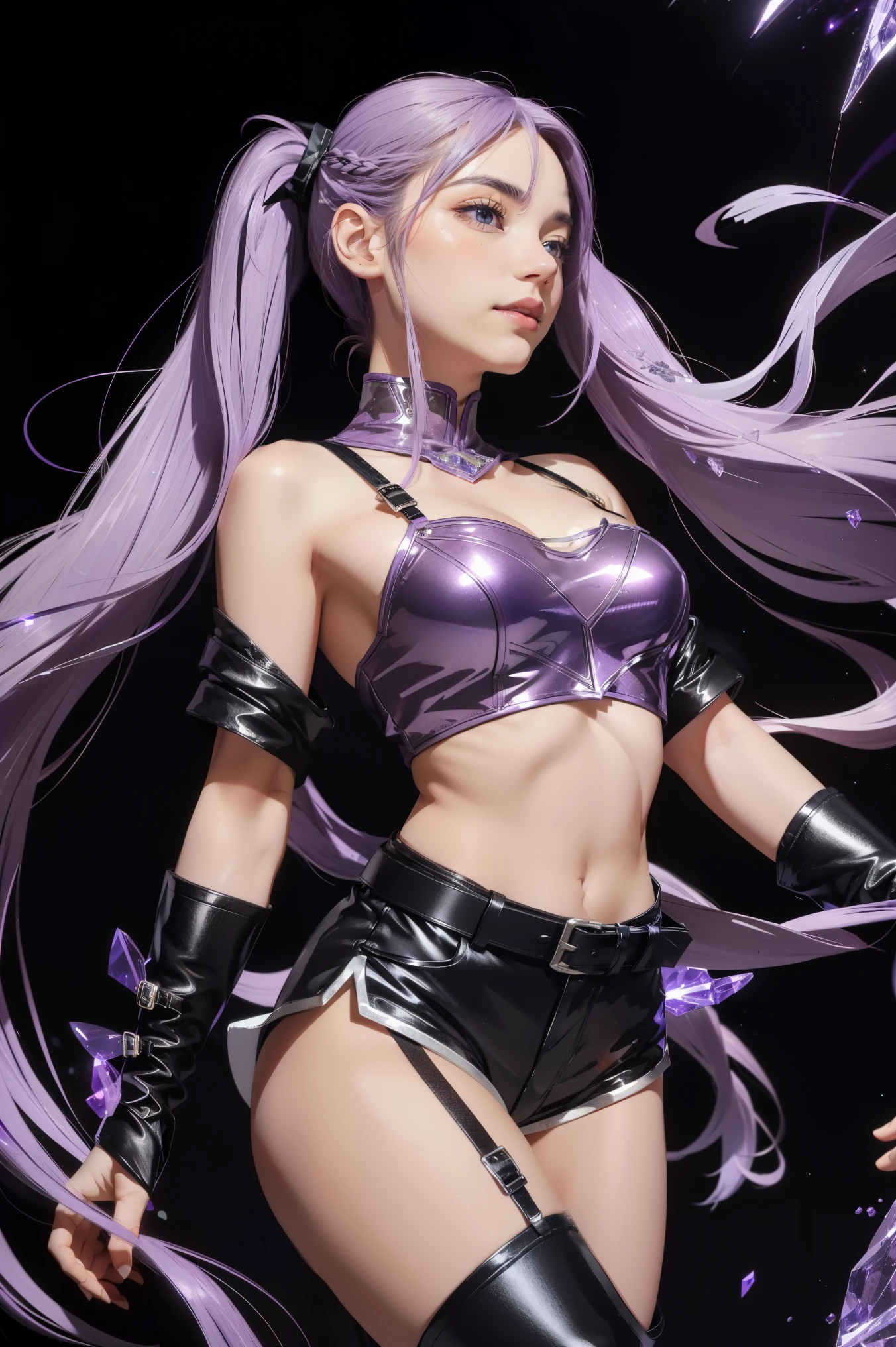 Medusa、fate、Purple Hair、Long Hair、((Thigh-high boots))、Photo from below、Medium chest、Bedroom、Black Bra、Black Panties、((Long gloves))、Sitting with legs crossed