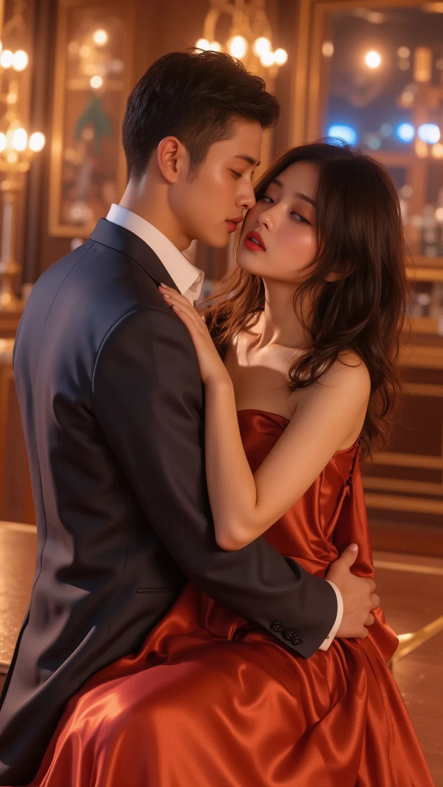 Top quality, masterpiece, ultra high resolution, (photorealistic: 1.4), (1 male, 1 female: 1.2), raw photos, dark cabaret club interior, (man and woman sitting on a high-class sofa enjoying excessive skinship: 2), (staring at each other: 1.5), , men and women in their 20s, hugs, kisses, (women are wearing luxurious and sexy party dresses, men are in formal suits :1.2), perfect face, perfect body, perfect clothes, perfect anatomy, movie lighting, romantic indirect lighting, detailed and delicate drawing, gaze does not look at the front