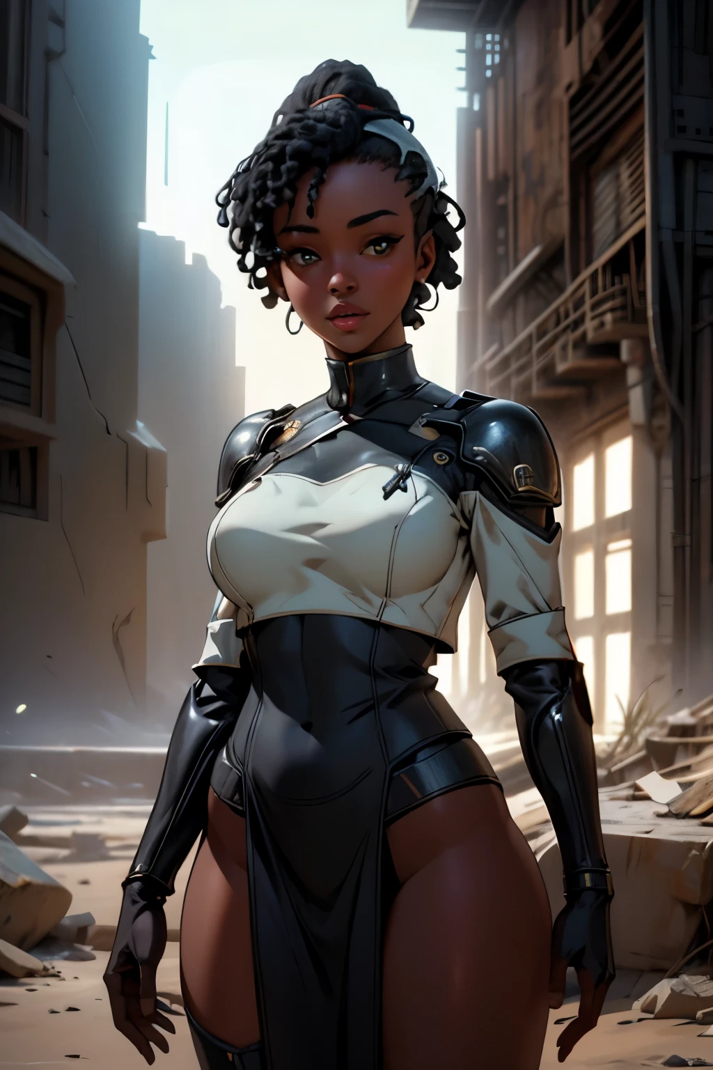 ((SFW African Girl, best quality)), ((SFW, masterpiece )), (highly detailed), nsfw 3D |, shitu-mecha, Beautiful black cyberpunk women in the ruins of the city of a lost war, ancient technology, HDR (high dynamic range), ray tracing, NVIDIA RTX, Super-Resolution, irreal 5, subspecial scattering , PBR Texturing, Post-processing, anisotropic filtering, depth of field , Maximum clarity and sharpness, Multilayered Textures, Albedo and Specular maps, surface shading, Accurate simulation of light-material interaction, perfectly proportions, octan render, dual-tone lighting, Low ISO, black skin, rule of thirds, beautiful breasts, 8K BRUTO, subpixel efficiency, sub-pixel convolution, luminescent particles, light scattering, SFW