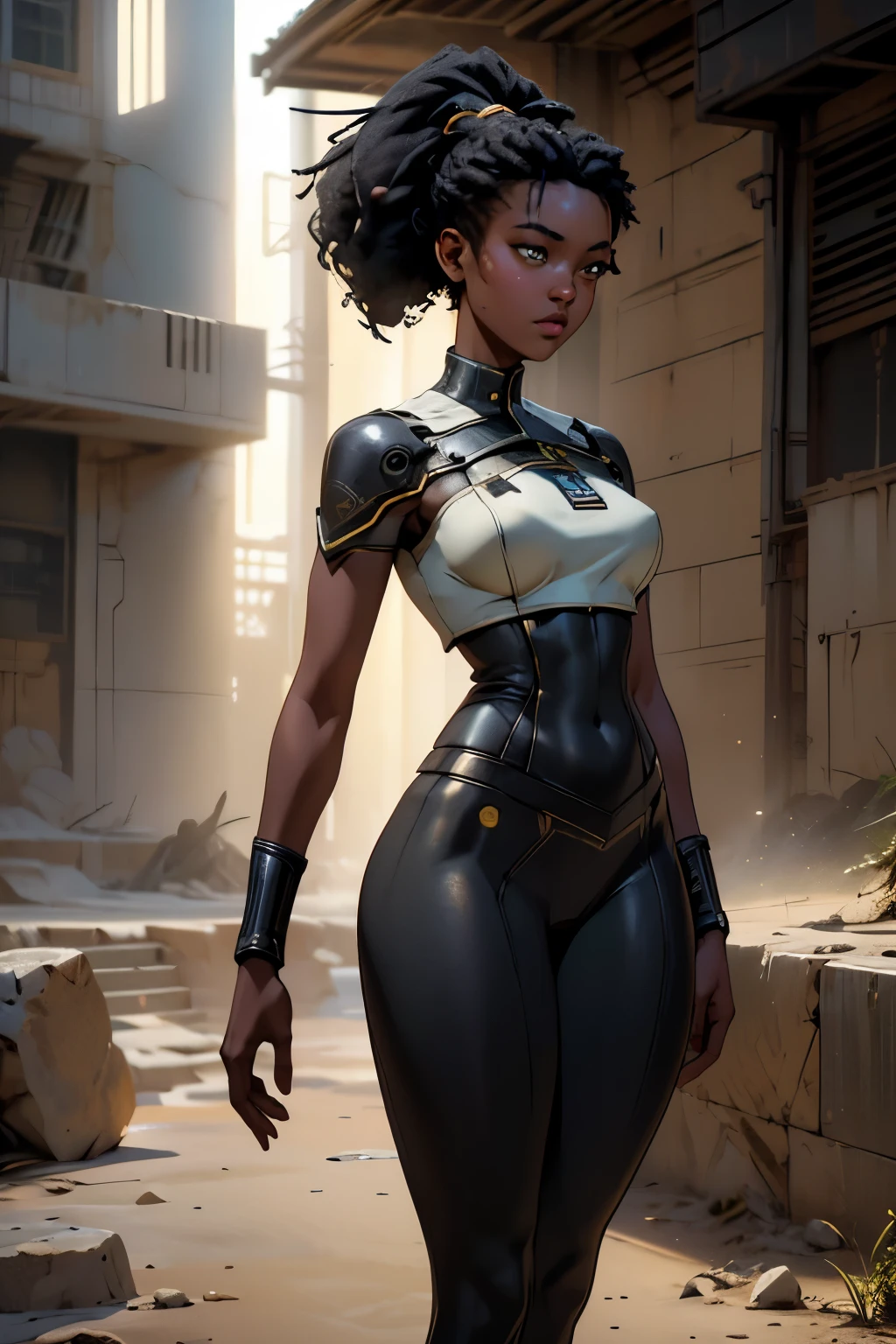 ((SFW African Girl, best quality)), ((SFW, masterpiece )), (highly detailed), nsfw 3D |, shitu-mecha, Beautiful black cyberpunk women in the ruins of the city of a lost war, ancient technology, HDR (high dynamic range), ray tracing, NVIDIA RTX, Super-Resolution, irreal 5, subspecial scattering , PBR Texturing, Post-processing, anisotropic filtering, depth of field , Maximum clarity and sharpness, Multilayered Textures, Albedo and Specular maps, surface shading, Accurate simulation of light-material interaction, perfectly proportions, octan render, dual-tone lighting, Low ISO, black skin, rule of thirds, beautiful breasts, 8K BRUTO, subpixel efficiency, sub-pixel convolution, luminescent particles, light scattering, SFW