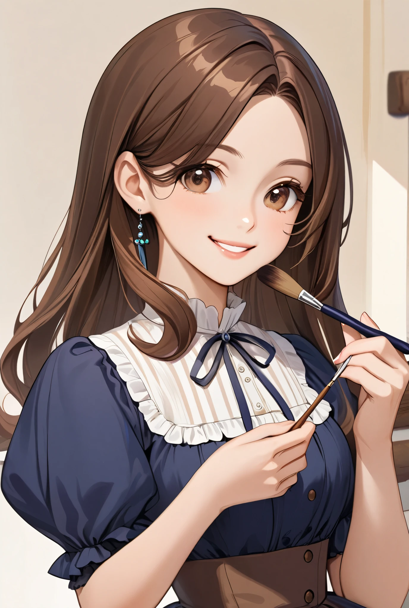 A woman with long, straight brown hair split in half. Wearing a puffy sleeve blouse and smiling delicately. In her right hand she holds a small paint brush and in her left hand she holds a miniature doll