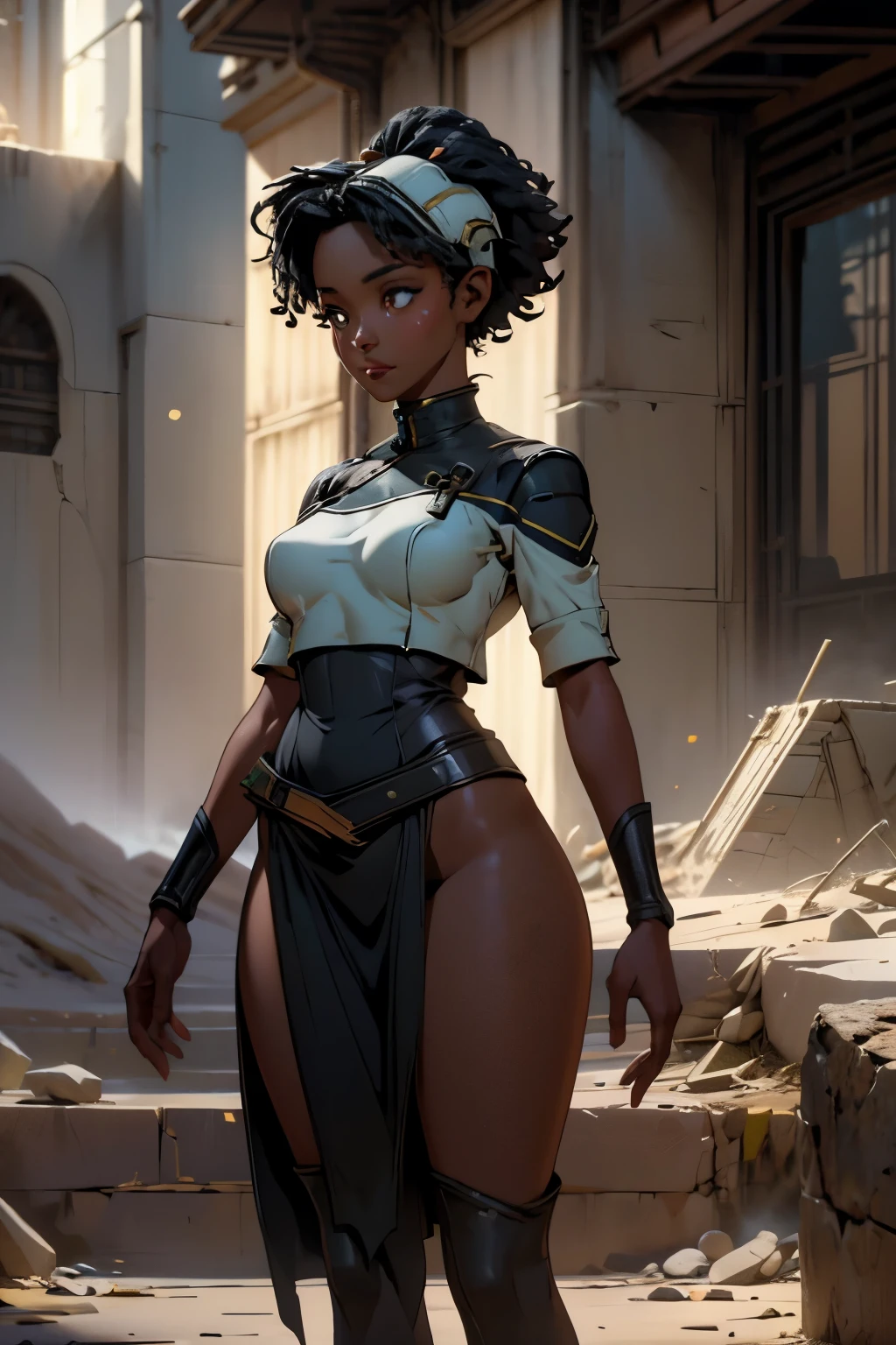 ((SFW African Girl,  best quality)), ((SFW,  masterpiece )), (highly detailed), nsfw 3D |, shitu-mecha, Beautiful black cyberpunk women in the ruins of the city of a lost war, ancient technology, HDR (high dynamic range), ray tracing, NVIDIA RTX, Super-Resolution, irreal 5,  subspecial scattering , PBR Texturing, Post-processing, anisotropic filtering,  depth of field , Maximum clarity and sharpness, Multilayered Textures, Albedo and Specular maps, surface shading, Accurate simulation of light-material interaction, perfectly proportions, octan render, dual-tone lighting, Low ISO, black skin, rule of thirds, beautiful breasts, 8K BRUTO, subpixel efficiency, sub-pixel convolution, luminescent particles, light scattering, SFW