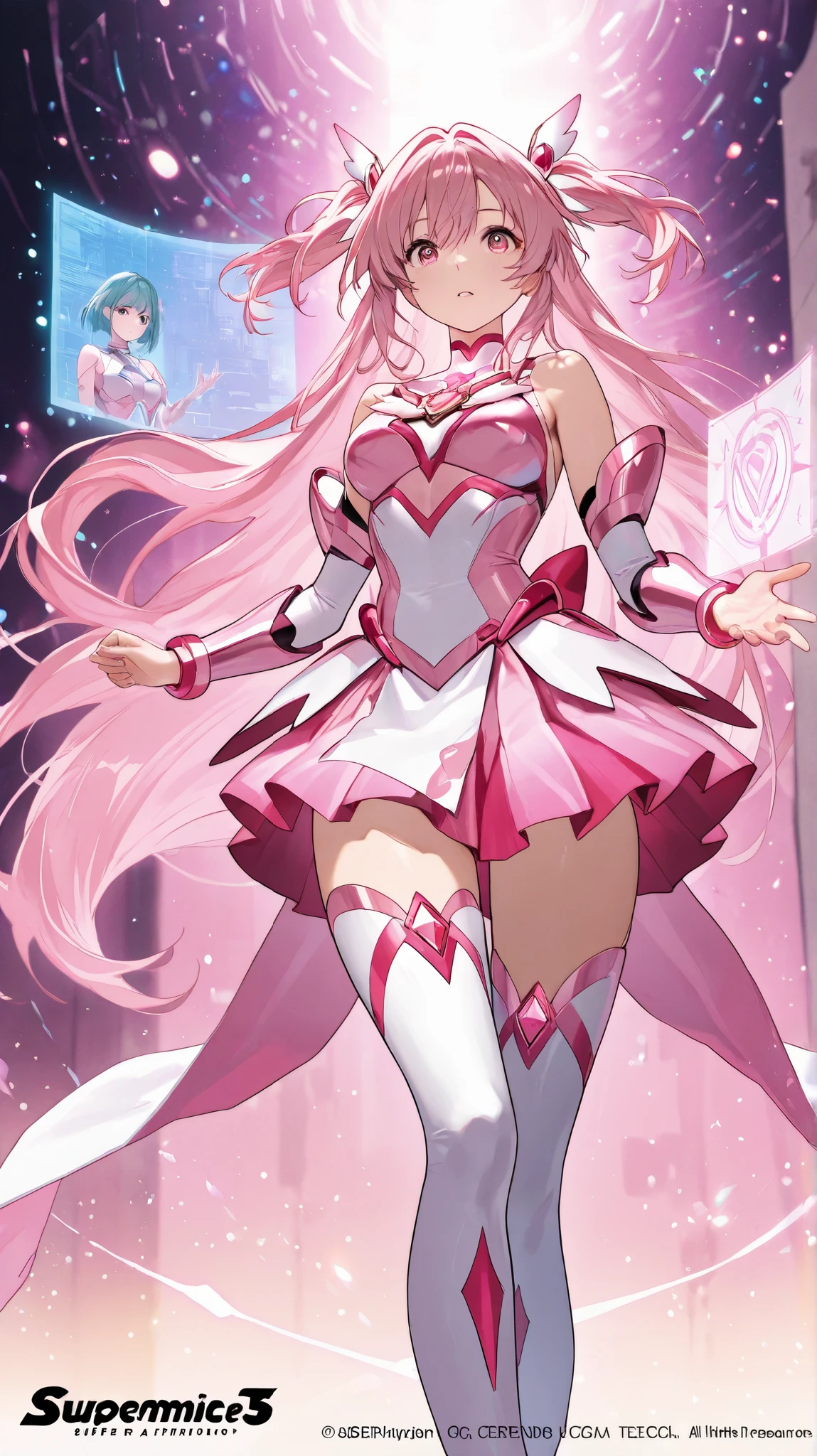 Zerotwo\（Dear in Franks\），tmasterpiece，one-girl，pastelcolor, cyber punk perssonage, Pink Long Hair，deep v big breasts，chest，White latex tights，Bare arms，show legs，Open navel，Slimming the waist, Happy smile, whole-length, legsupms, full bodyesbian：1.3