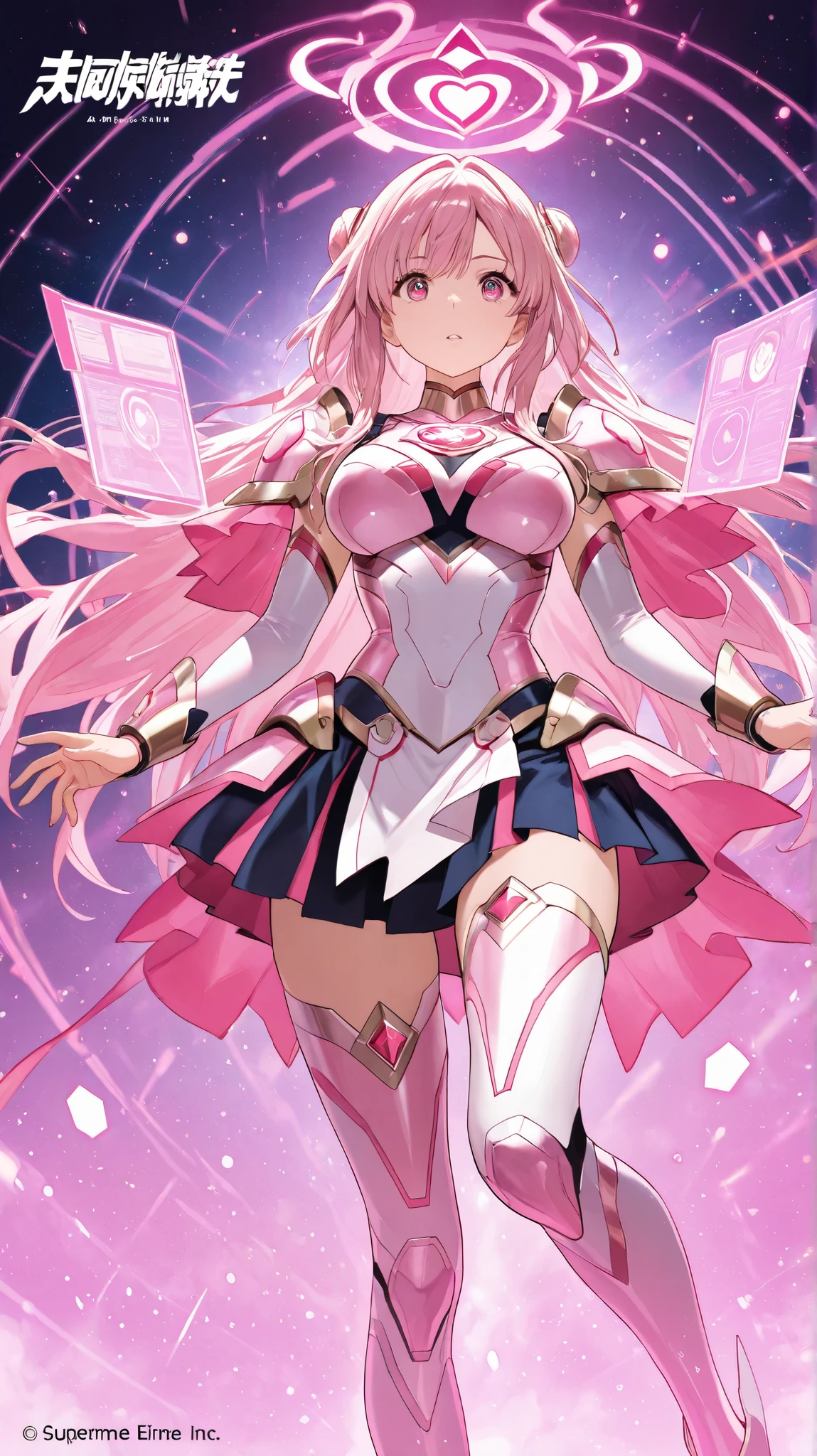 4K,High resolution,one woman,blonde,long hair,pink eyes,big breasts,wizard,white tight cyber suit,pink skirt,pink headwear,White cane,city of the future