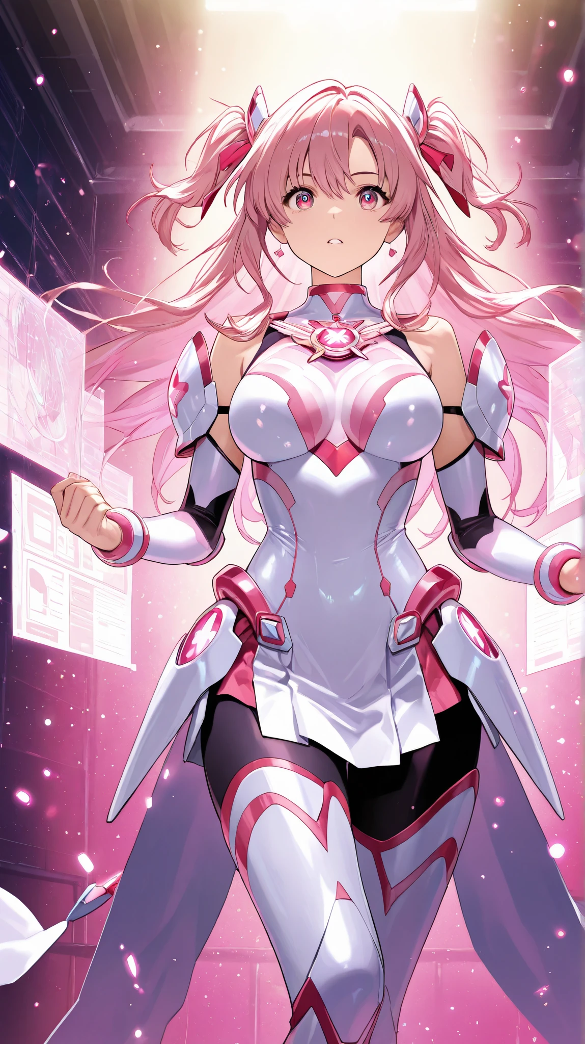 A vibrant and powerful female superhero character, Atom Eve, from the animated series *Invincible*. She is depicted as a confident young woman in her late teens or early twenties, with shoulder-length bright pink hair that shines with a soft glow, styled in a loose and slightly wavy manner. Her costume is sleek and modern, primarily in shades of pink and red, with white accents. The outfit includes a form-fitting bodysuit with a prominent atom symbol on her chest, signifying her powers. Her cape is a flowing pink that matches her hair, billowing slightly as if caught in a light breeze. Atom Eve's facial expression is determined yet compassionate, with sharp, focused eyes and a hint of a smile. She stands in a powerful stance, one hand extended forward as if she's about to use her reality-altering abilities, with faint energy waves or particles subtly emanating from her hand. The background should be a dynamic cityscape with a slight futuristic feel, filled with skyscrapers and perhaps a sunset or twilight sky, giving a sense of action and heroism.