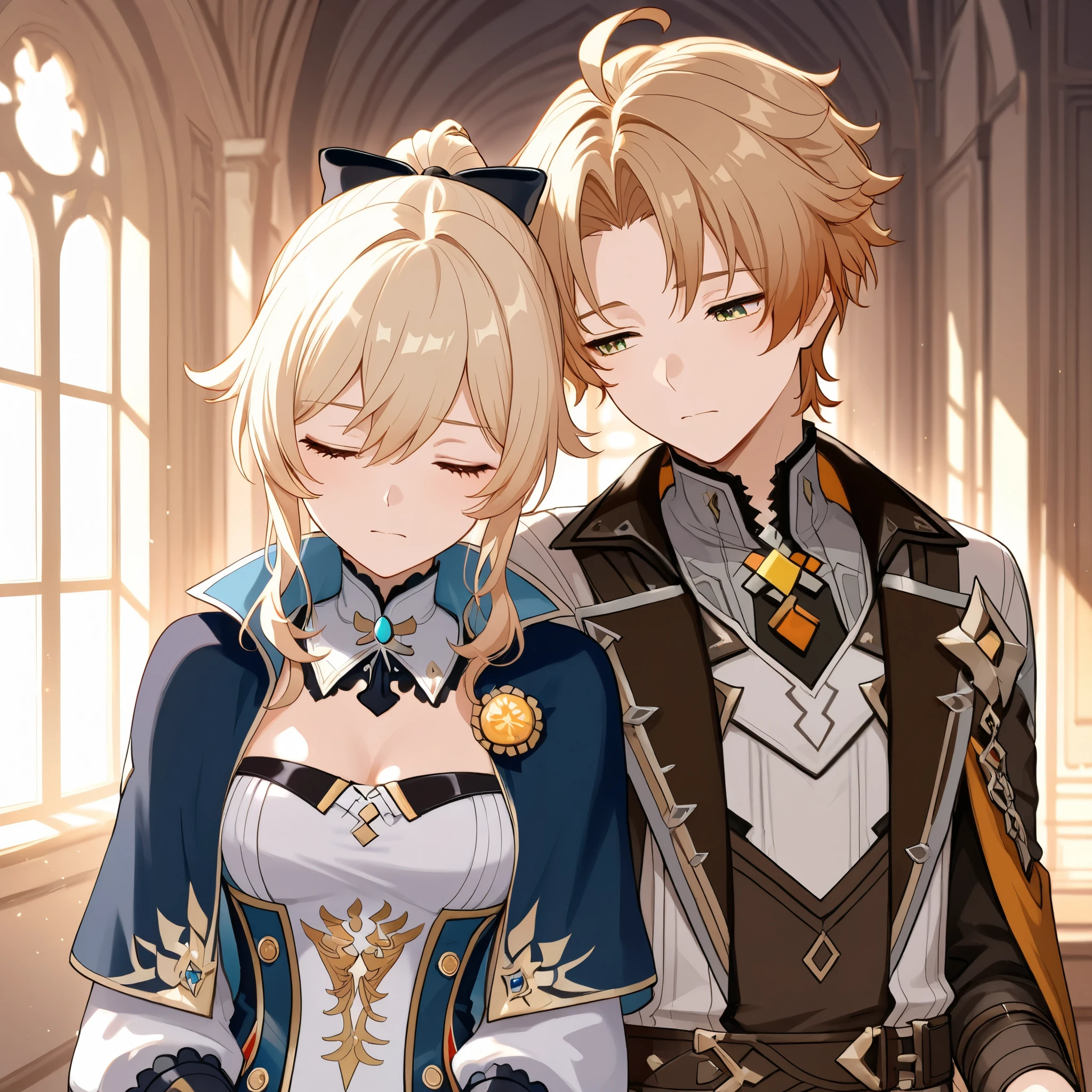 Love couple, Jean Genshin Impact and Rudeus Greyrat, leaning on each other, depressed looking, inside mansion, masterpiece, best quality, High resolution 