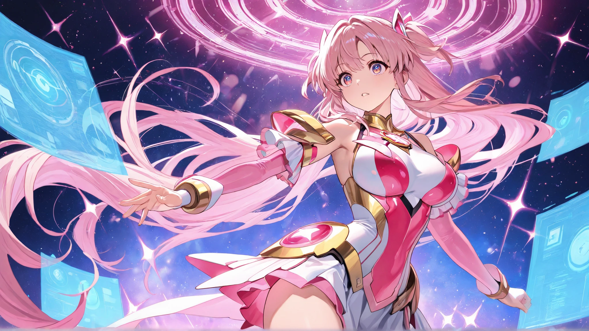 (Perfect Anatomy)、Mastepiece、Ultra High Quality、 8K、masterpiece、Highest quality、Ultra-high resolution、Maximum resolution、Very detailed、Professional Lighting、anime、woman、thin、so beautiful、Highly detailed eye、Highly detailed face、Golden earrings、Pink Hair,、Pink eyes、Mid-chest, pink lips, upper arm pink armor, white leotard, pink pattern, full body, magical girl, Angel Girl, Are standing, pink thigh high stockings, white super long boots, pink gauntlet, high heels, hime cut, bridal hair accessory, Summoning a magic sword, action pose, Summoning magical winds, Shooting magical arrows from hands
