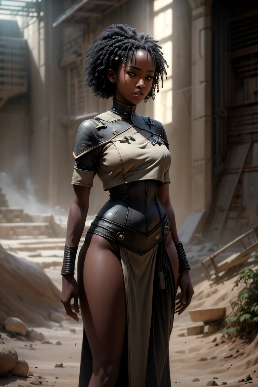 ((SFW African Girl, best quality)), ((SFW, masterpiece )), (highly detailed), nsfw 3D |, shitu-mecha, Beautiful black cyberpunk women in the ruins of the city of a lost war, ancient technology, HDR (high dynamic range), ray tracing, NVIDIA RTX, Super-Resolution, irreal 5, subspecial scattering , PBR Texturing, Post-processing, anisotropic filtering, depth of field , Maximum clarity and sharpness, Multilayered Textures, Albedo and Specular maps, surface shading, Accurate simulation of light-material interaction, perfectly proportions, octan render, dual-tone lighting, Low ISO, black skin, rule of thirds, beautiful breasts, 8K BRUTO, subpixel efficiency, sub-pixel convolution, luminescent particles, light scattering, SFW