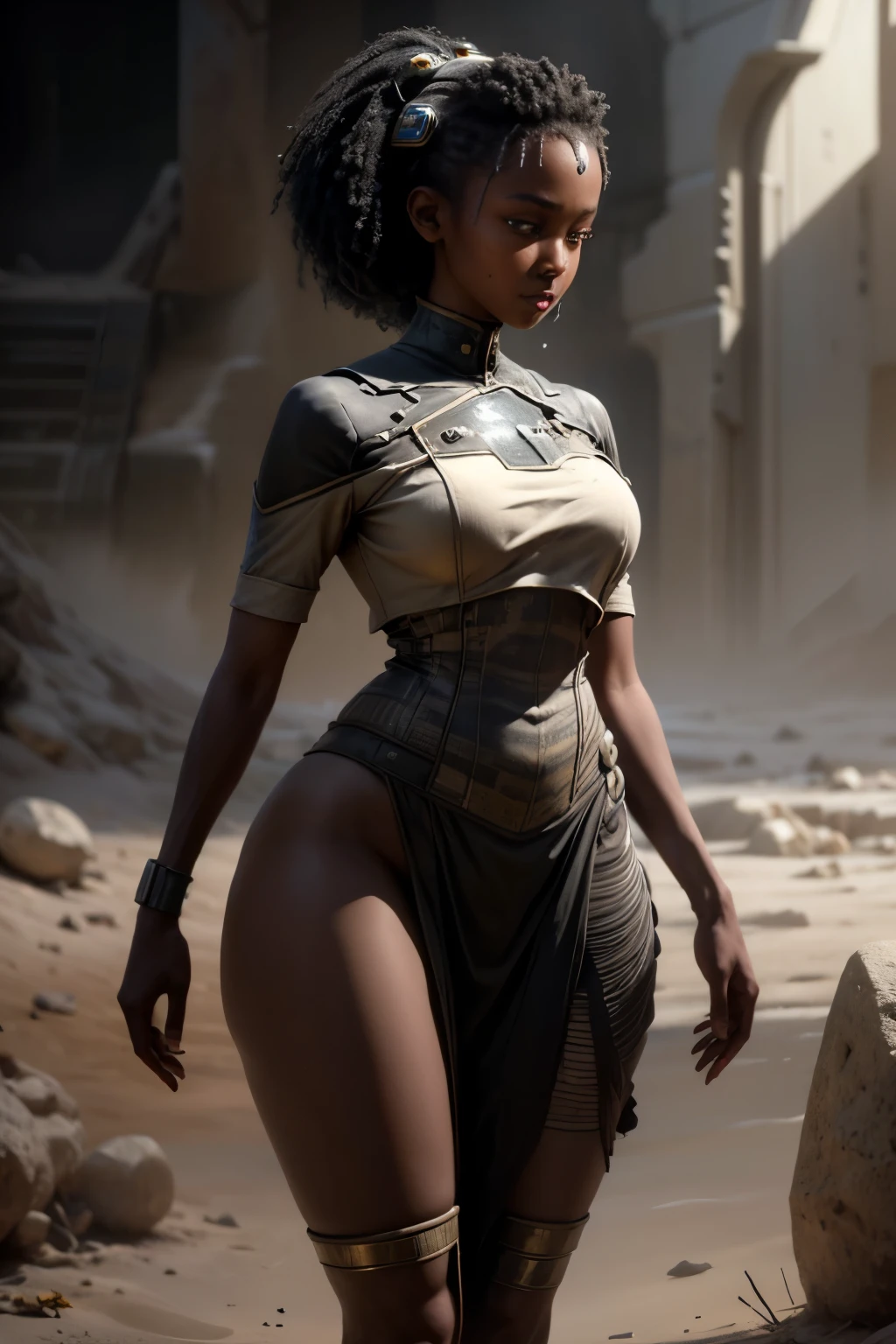 ((SFW African Girl, best quality)), ((SFW, masterpiece )), (highly detailed), nsfw 3D |, shitu-mecha, Beautiful black cyberpunk women in the ruins of the city of a lost war, ancient technology, HDR (high dynamic range), ray tracing, NVIDIA RTX, Super-Resolution, irreal 5, subspecial scattering , PBR Texturing, Post-processing, anisotropic filtering, depth of field , Maximum clarity and sharpness, Multilayered Textures, Albedo and Specular maps, surface shading, Accurate simulation of light-material interaction, perfectly proportions, octan render, dual-tone lighting, Low ISO, black skin, rule of thirds, beautiful breasts, 8K BRUTO, subpixel efficiency, sub-pixel convolution, luminescent particles, light scattering, SFW