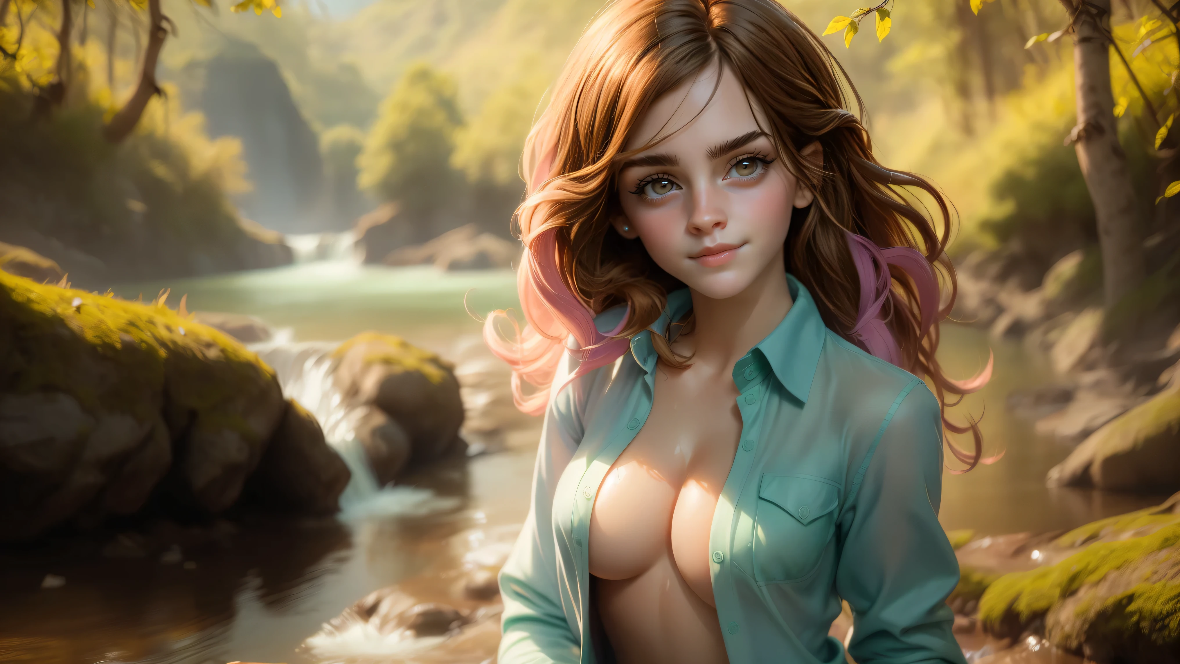 ((1girl)), ((solo)), (cute girl, young girl), (), Hermione Granger alone, ((beautiful face)), glasses, ((green eyes)), ((Long brown hair, messy hair)), ((small perky breast)), ((cleavage)), ((exposed breast)), ((hard nipples)), upper body, slim waist, ((standing upright in a river in the forest with the sunlight steaming through the leaves)), ((sexy pose)), ((naughty face)), ((cleavage)), navel, ((open shirt)), ((pastel shirt)), ((wet shirt)), seductive smile, waterfall in the background, ((vibrant colors)),
