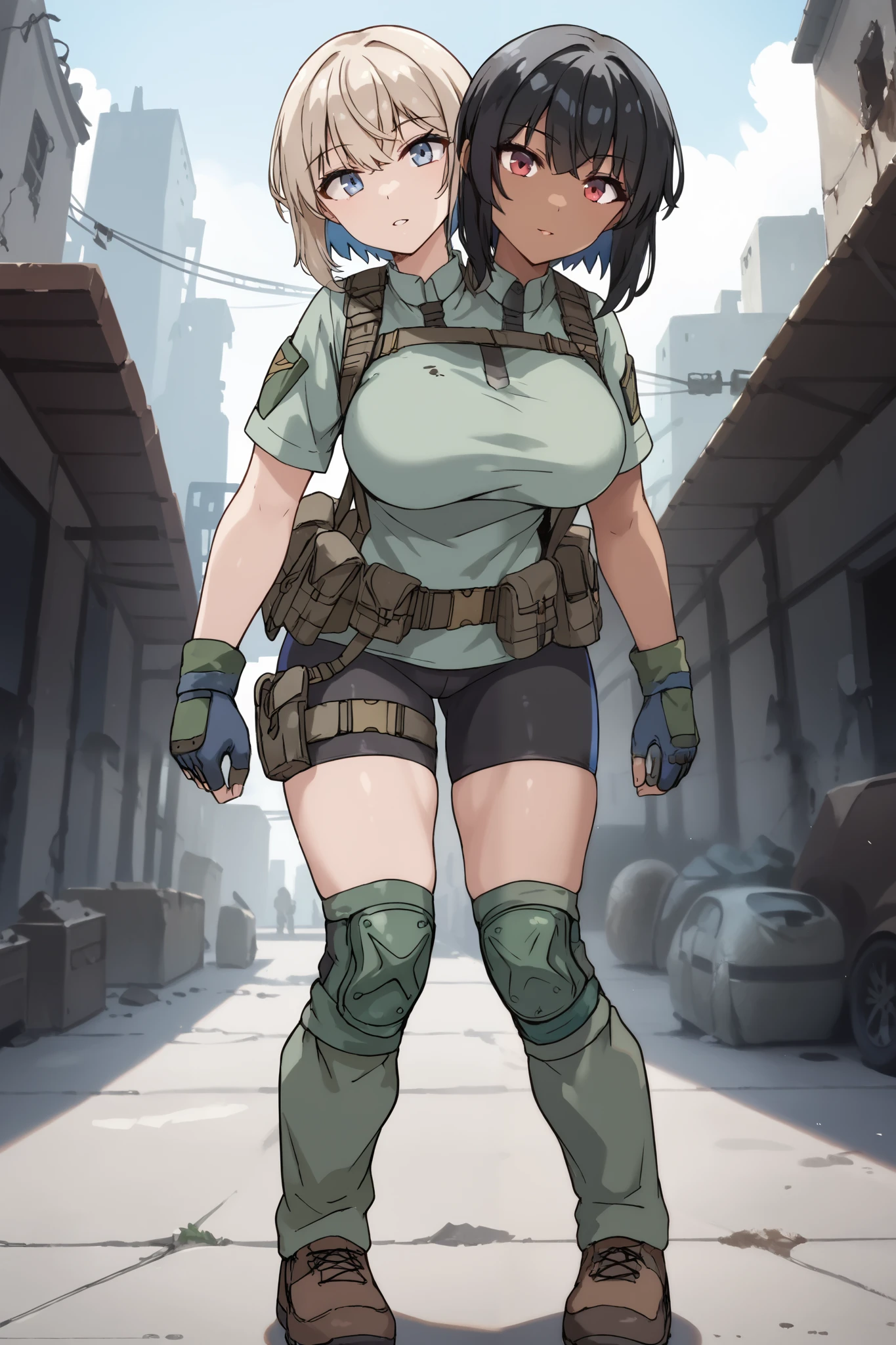 2heads, twoheads, a tall thin woman with 2 heads, white hair, black hair, blue eyes, red eyes, half dark skin and light beige skin, two tone skin, light beige skin, dark skin, short hair, combat shirt, black bike shorts, green knee pads, loose green gaiters, gloves, brown shoes, large breasts, front shots, abandoned city