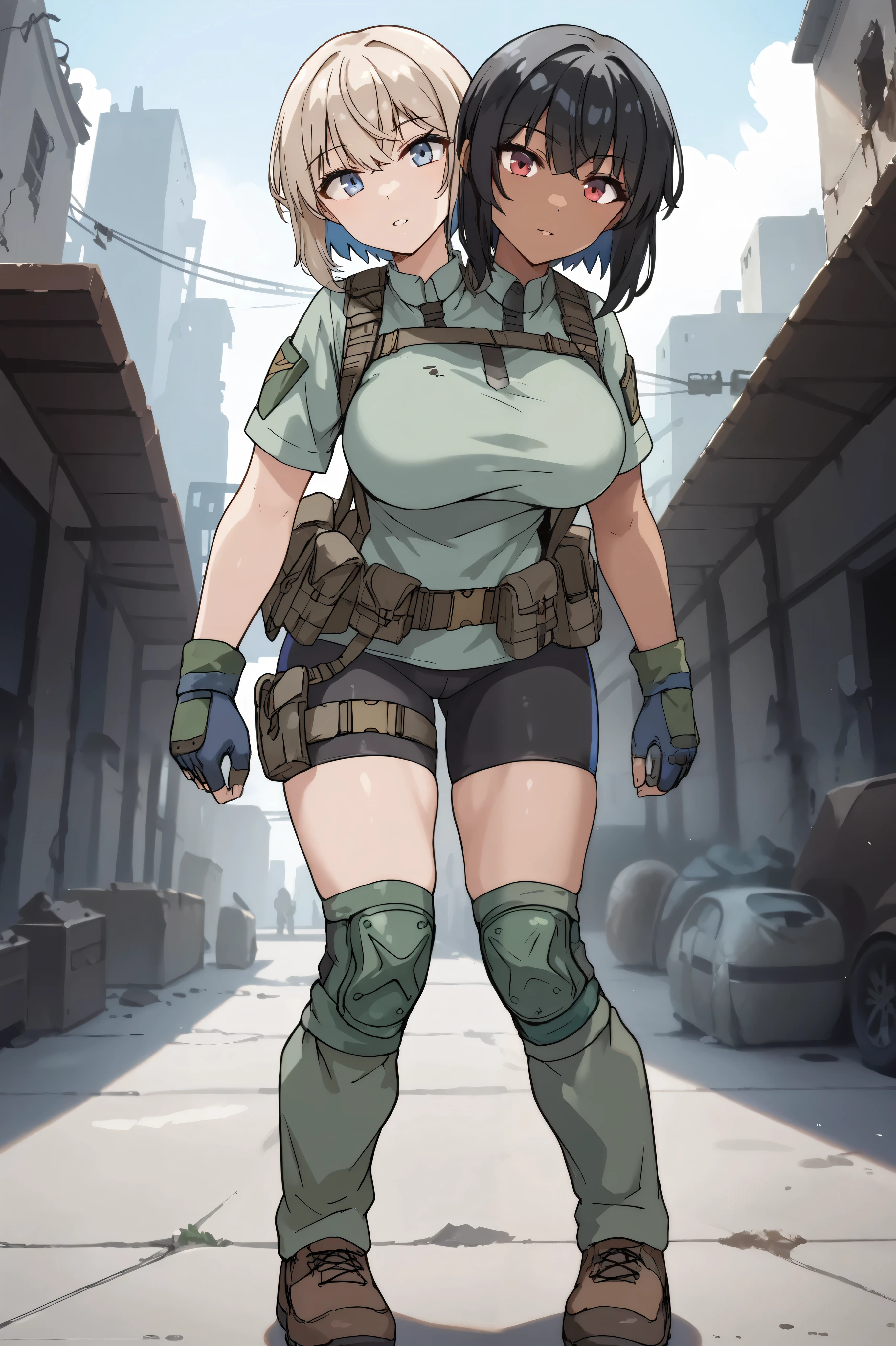 2heads, twoheads, a tall thin woman with 2 heads, white hair, black hair, blue eyes, red eyes, half dark skin and light beige skin, two tone skin, light beige skin, dark skin, short hair, combat shirt, black bike shorts, green knee pads, loose green gaiters, gloves, brown shoes, large breasts, front shots, abandoned city