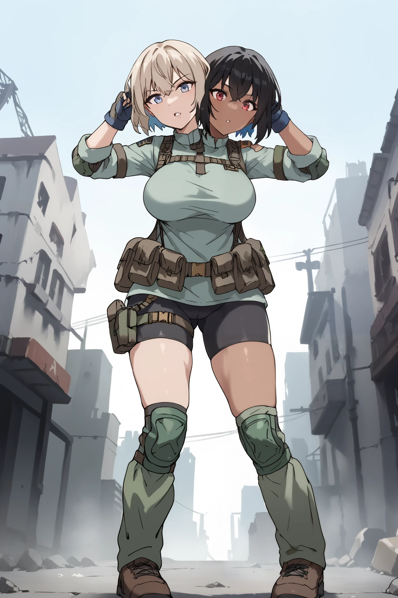 2heads, twoheads, a tall thin woman with 2 heads, white hair, black hair, blue eyes, red eyes, half dark skin and light beige skin, two tone skin, light beige skin, dark skin, short hair, combat shirt, black bike shorts, green knee pads, loose green gaiters, gloves, brown shoes, large breasts, front shots, abandoned city