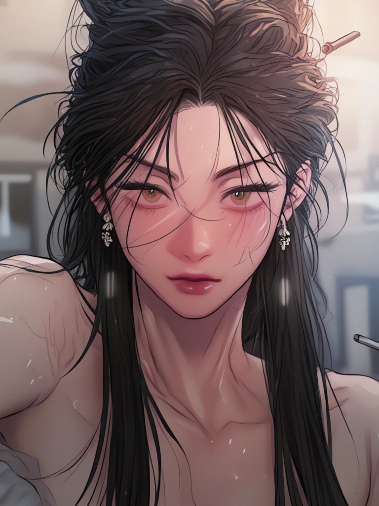a handsome boy with long wavy black hair, sparkling green eyes, wearing a revealing white hanfu, sexy pose, anime picture 