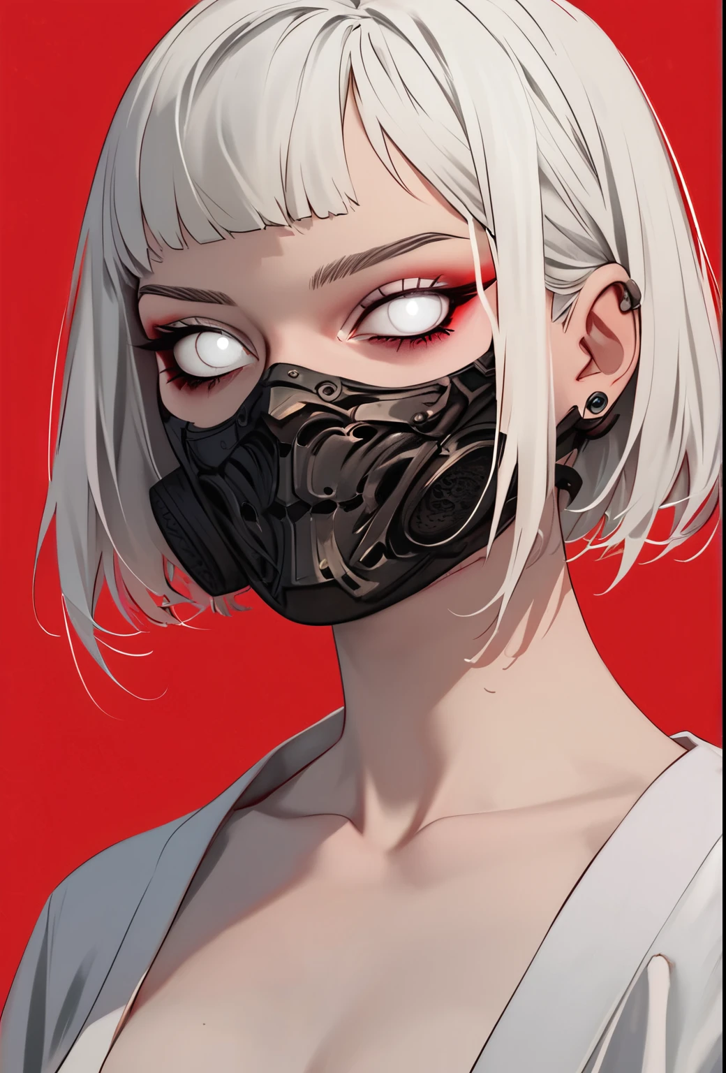 (score_9, score_8_climb), score_7_climb, zPDXL, 1 girl, white hair, short hair, timid, Lip Mask, mask cover mouth, mask cover, look at viewer, white kimono, red background, Film texture, white eyes, nude art, Cowboy Shot Sinosic Style, 4k, beauty girl