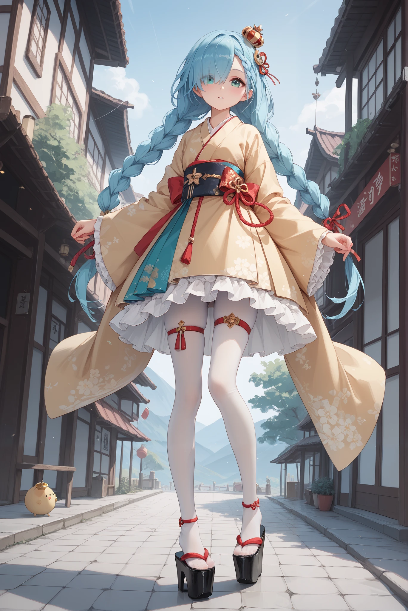 （ stands，whole body:1.7),，janus_\(azur_lane\) , blue hair,mini crown,aqua eyes,twin braids,hair over one eye, frilled dress ,red ribbon,white pantyhose ,thigh strap , eyes visible through hair,
 wearing Japanese gold kimono,( Flats:1.3),
 ï」¿k0ma  ,  black shoes ,( k0ma geta )
，platform footwear
