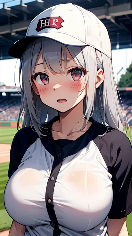 mastute piece,Best Quality,insanely detailed,8k cg,nsfw,
(shoot upper body:1.3),
(1girls:1.3),standing,looking at viewr,body in front,both arms behind back,(baseball uniform:1.3,baseballcap),(bare :1.1),(bare nipplesbreak,
blush,shy,(ecstasy face),ing:1.2),break,(light white hair:1.2),
break,
perfect breasts,perfect teatsmouth:0.9),(large breasts:1.2),
(stadium),