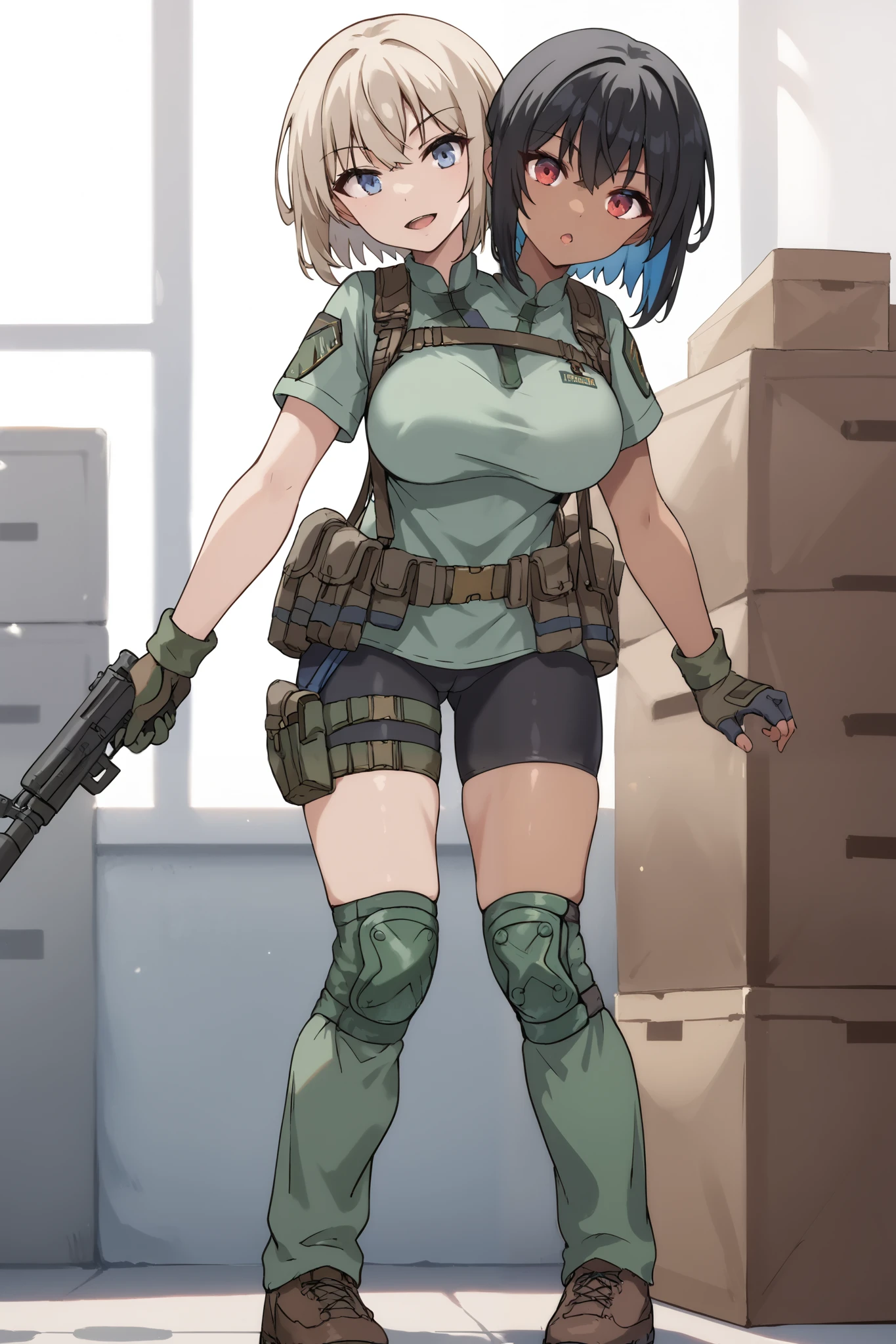 2heads, twoheads, a tall thin woman with 2 heads, white hair, black hair, blue eyes, red eyes, half dark skin and light beige skin, two tone skin, light beige skin, dark skin, short hair, combat shirt, bike shorts, green knee pads, loose green gaiters, gloves, brown shoes, large breasts, front shots, storage
