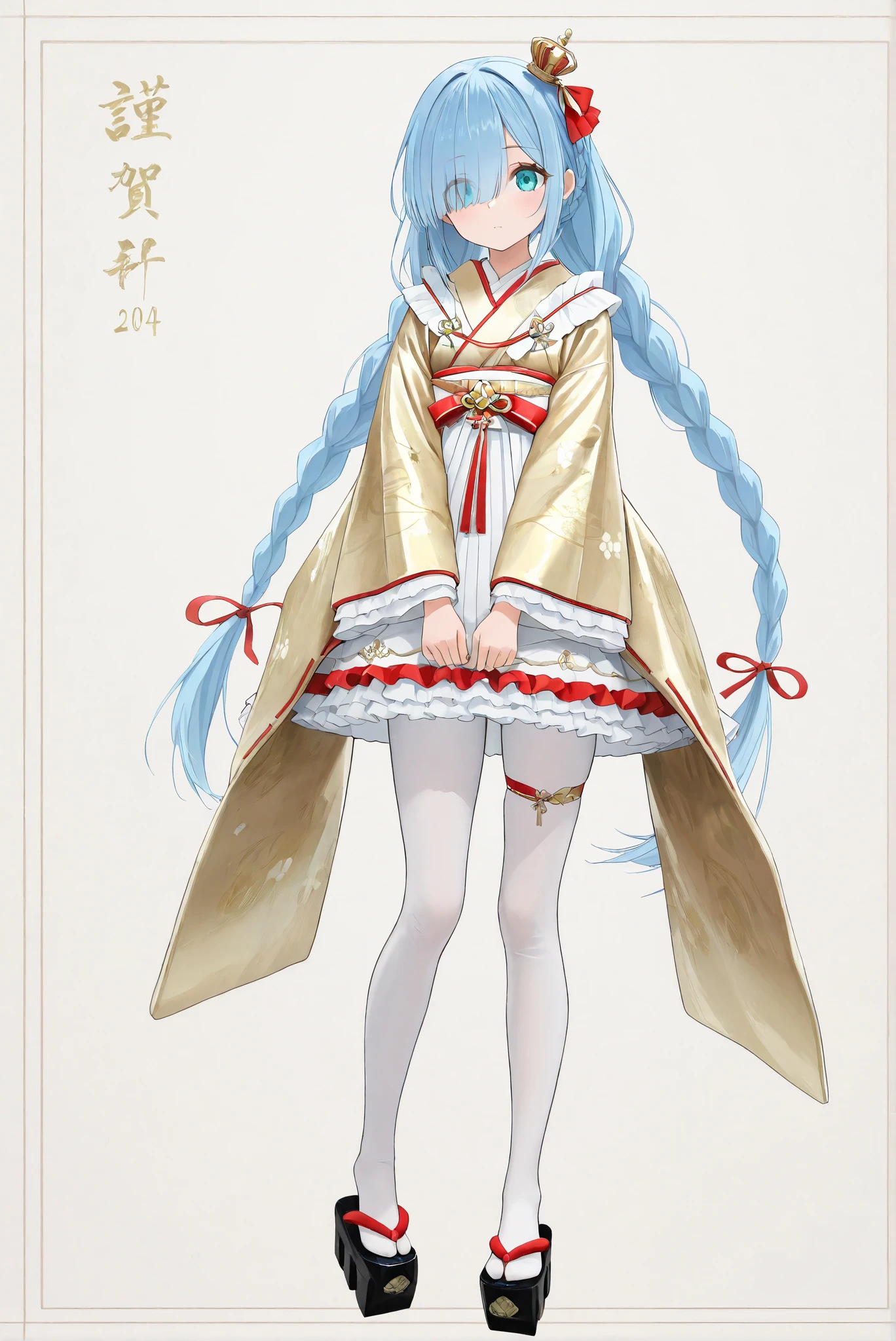 ( stands,whole body:1.7),,janus_\(azur_lane\) , blue hair,mini crown,aqua eyes,twin braids,hair over one eye, frilled dress ,red ribbon,white pantyhose ,thigh strap , eyes visible through hair,
wearing Japanese gold kimono,( Flats:1.3),
ï」¿k0ma , black shoes ,( k0ma geta )
,platform footwear