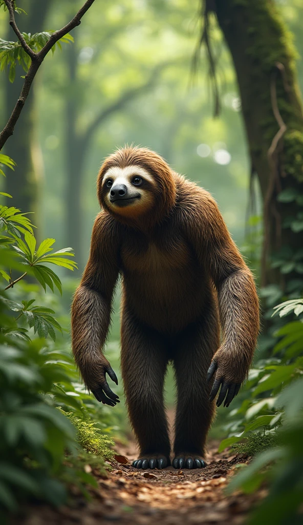 Full body, walking forward, In a jungle environment, a giant SLOTH mammal, Amazonian from the department of Pando Bolivia, the giant sloth, must be happy and very strong, walking forward. the sloth with a happy face, in the background the majestic Amazon jungle, lush green trees add to the idyllic scene, creating a natural atmosphere.
--ar 9:16 --v 6.1