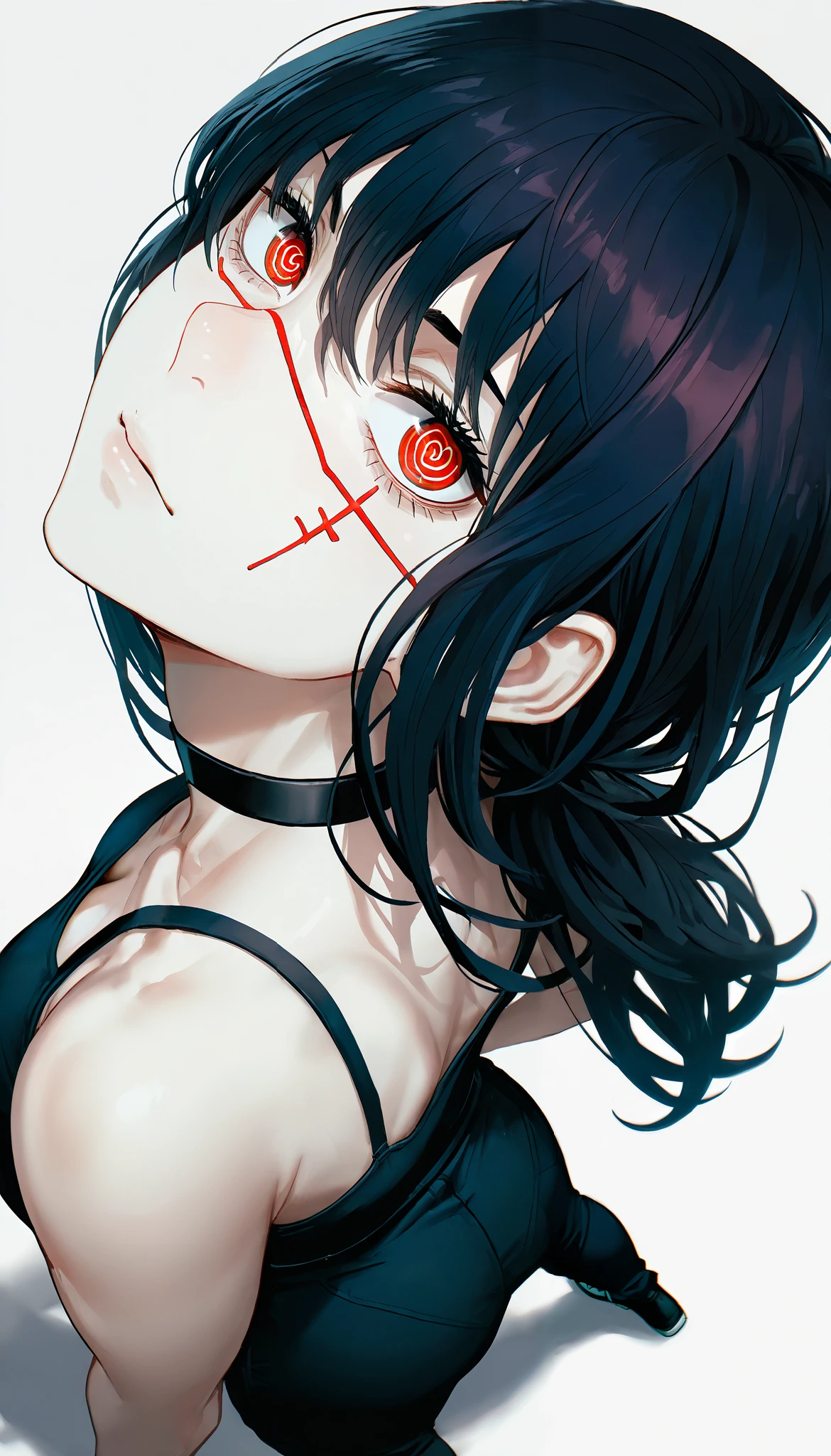 Yoru de chainsaw man,1 girl,vista desde arriba, looking at the viewer , tilted head , spiral eyes ,facial scar, black hair,, choker ,looking back and up, seen from above,Chin upwards,(Shoulder grip with Dutch angle), masterpiece, the best quality, incredible quality, perspective, Anatomically correct static pose ,Just the right moment, Simple background