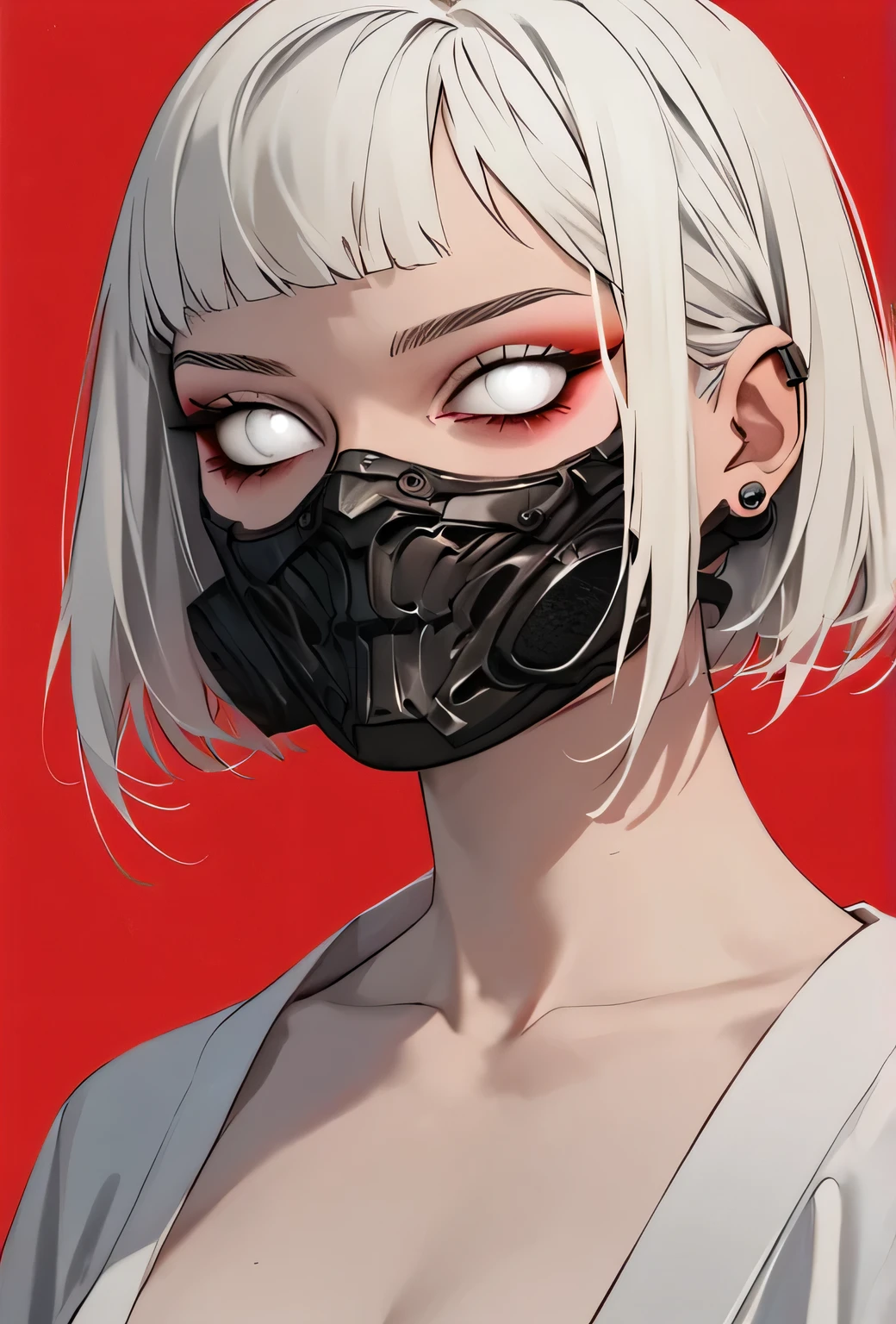 (score_9, score_8_climb), score_7_climb, zPDXL, 1 girl, white hair, short hair, timid, Lip Mask, mask cover mouth, mask cover, look at viewer, white kimono, red background, Film texture, white eyes, nude art, Cowboy Shot Sinosic Style, 4k, beauty girl, big boobs, boobs, cute boobs