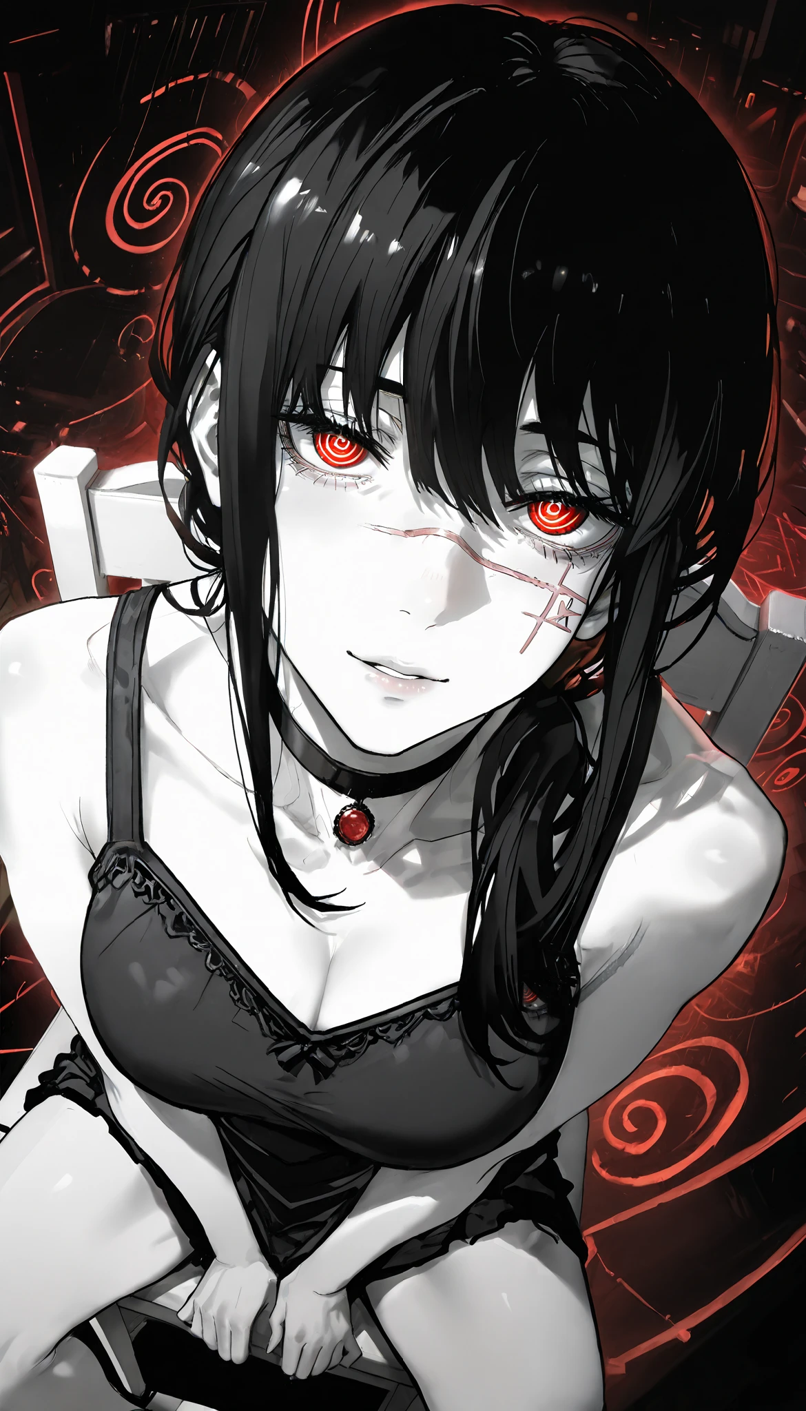 Yoru de chainsaw man,1 girl,vista desde arriba, looking at the viewer , tilted head , spiral eyes , red eyes on the background,facial scar on the background , black hair,, choker ,looking back and up, seen from above,Chin upwards,(Shoulder grip with Dutch angle), masterpiece, the best quality, incredible quality, perspective, Anatomically correct static pose ,Just the right moment, Simple background , is
Copy instructions
mature woman , housewife,A hentai manga scene , a detailed black and white manga panel, an intricate line drawing , a very detailed anatomy , erotica,sensual,Explícita, suggestive, beautiful detailed eyes , beautiful detailed lips , extremely detailed face , long eyelashes, seductive expression , provocative pose, dynamic composition ,HIGH CONTRAST, dramatic lighting, melancholic atmosphere , neckline sitting on a chair, Open legs