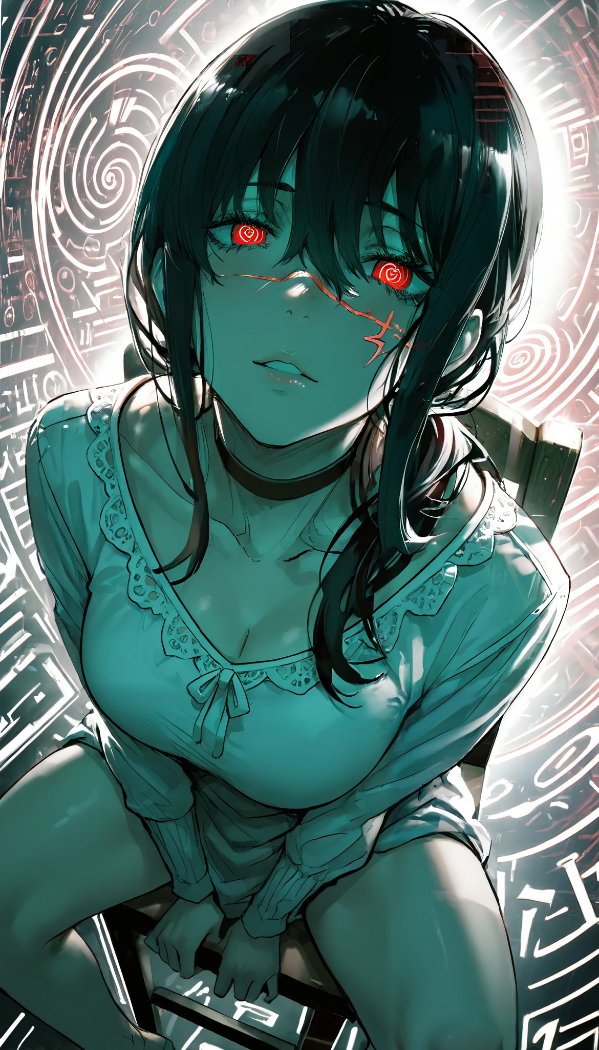 Yoru de chainsaw man,1 girl,vista desde arriba, looking at the viewer , tilted head , spiral eyes , red eyes on the background,facial scar on the background , black hair,, choker ,looking back and up, seen from above,Chin upwards,(Shoulder grip with Dutch angle), masterpiece, the best quality, incredible quality, perspective, Anatomically correct static pose ,Just the right moment, Simple background , is
Copy instructions
mature woman , housewife,A hentai manga scene , a detailed black and white manga panel, an intricate line drawing , a very detailed anatomy , erotica,sensual,Explícita, suggestive, beautiful detailed eyes , beautiful detailed lips , extremely detailed face , long eyelashes, seductive expression , provocative pose, dynamic composition ,HIGH CONTRAST, dramatic lighting, melancholic atmosphere , neckline sitting on a chair, Open legs