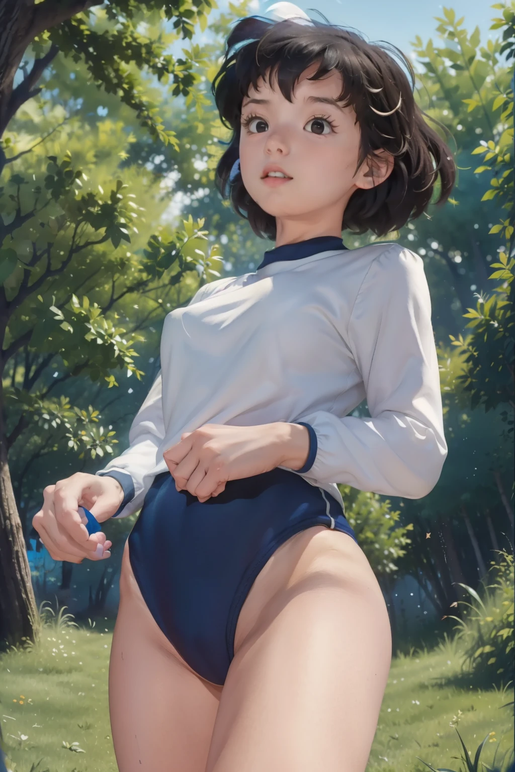 (masterpiece, best quality), 1girl , petites, loli, slim, wearing a Black gymnastics bloomers, High leg、white blouse, cowboy shot, in dark forest, serious, watercolor,