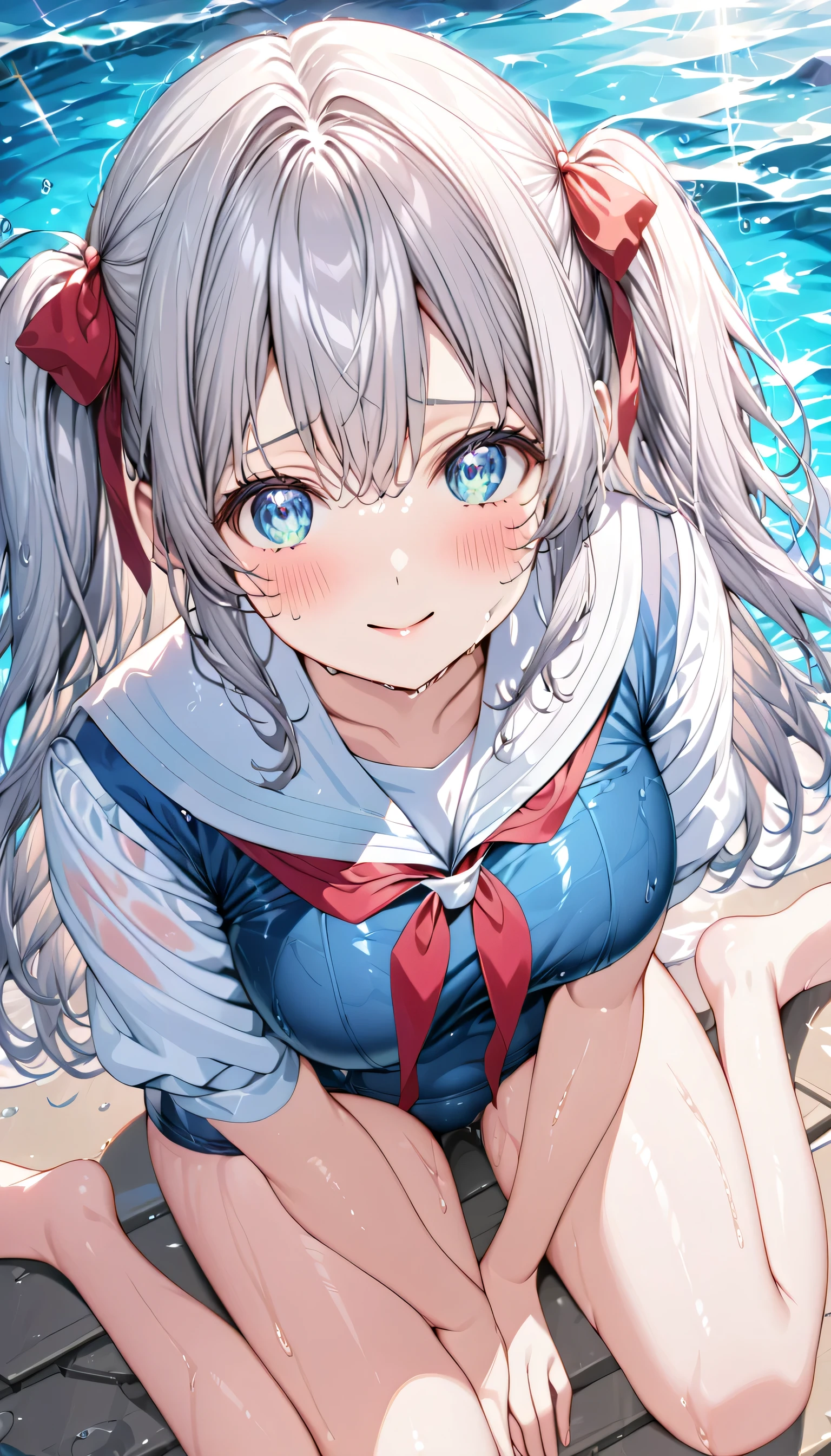 ((ultra-detailed)), (highly detailed CG illustration), (best quality:1.2), ultra-highly detailed, colorful composition, artistic photoshoot, 1girl, solo focus, ((thigh to top:1.4)), ((cowboy shot:1.4)), moe anime character, girl, dainty facial structure, (baby fand face), ((rounded chin:1.2)), ((ideal ratio body proportions)), celia-default, celia claire, (blue eyes), sparkle eyes, silver hair color, two side up, (hair ribbon with red), ample breasts, (white sailor school uniform top), (red tie), (school swimsuit), (blue one-piece swimsuit), (sailor collar), (beautiful see through white sailor school uniform), ((wet clothes)), ((wet body:1.4)), ((shy)), ((blush)), ((bashful)), ((coy)), ((demure)), ((looking at viewer)), ((sitting on floor)), ((wariza:1.4)), ((V arms)), ((in school swimming poolside)), best quality, masterpiece, ((beautiful detailed sky)), ((sunshine pouring down)), from front, expecting, pink cheek, blush, light pink gloss slip, portrait, depth of field, soft lighting, sidelighting, (shine), lighting, caustics, ray tracing, smile, perfect face, lustrous skin, highly detailed face, highly detailed eyes, perfect face, perfect nose, perfect hair, perfect eyes, perfect anatomy, beautiful hair, beautiful small face, extremely detailed face, beautiful detailed eyes, beautiful clavicle, beautiful body, beautiful huge breasts, leavage, breasts squeezed together, equalize the size of the left and right breasts, beautiful thin thighs, beautiful legs, beautiful fingers, 4 fingers, 1 thumb, lovely, (very detailed background:1.0), (highly detailed background:1.0), summer aesthetic, intricate details, bashful atmosphere, summer colors palette, chromatic aberration