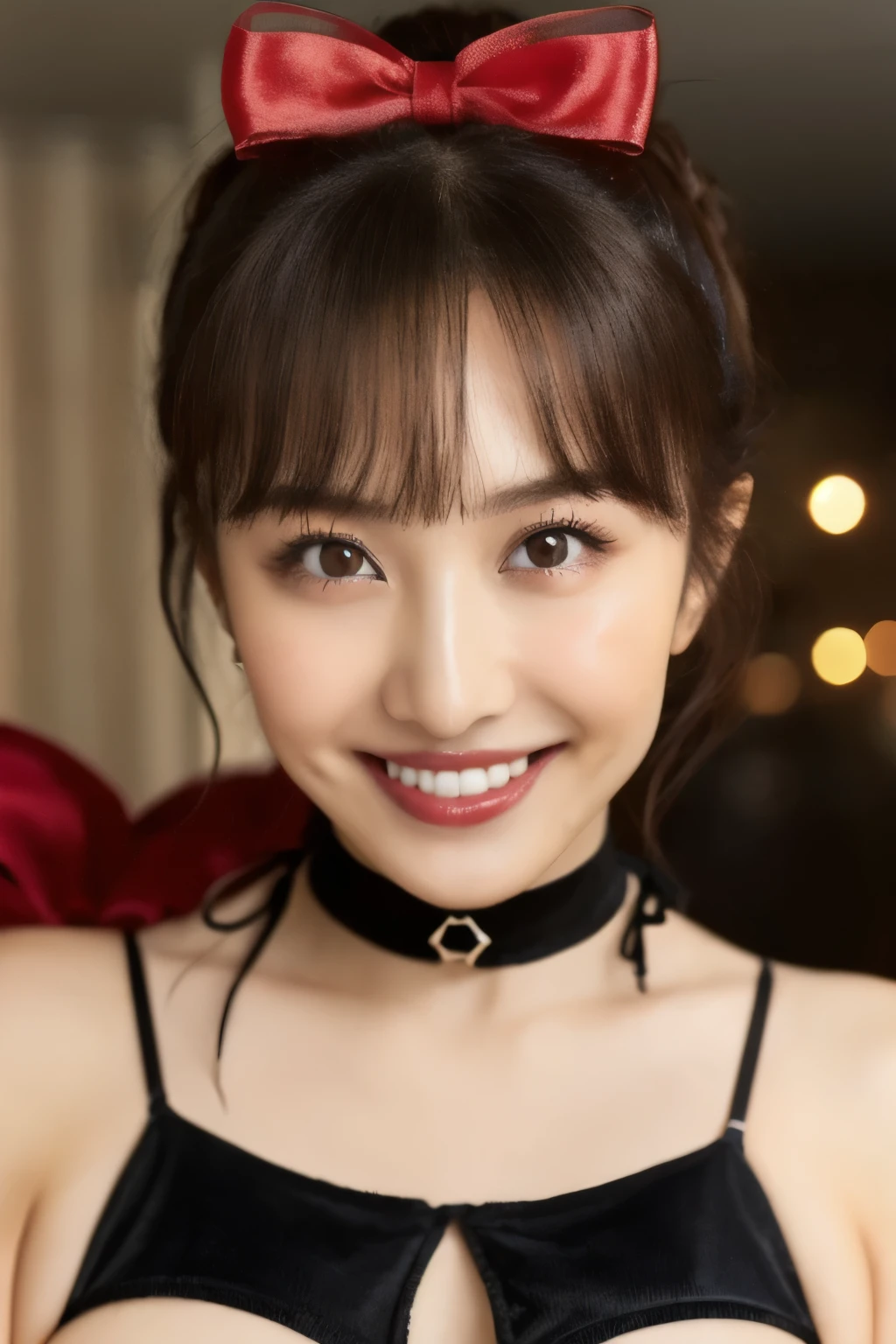 (( black bikini)), ((age Japanese Girl))、、(Light up your face)、(masterpiece, top quality, The beautiful quality of , photorealistic , detailed lighting , Extremely detailed skin, Extremely Detailed Hair ,8k, black hair, upper body, One Girl , smile, Watch Viewers , Dimples, Dimpless on cheeks, fc portrait:1.2), bangs、 red choker 、 off shoulder 、Accurate Eyes、 Super High Definition、 ponytail、 red ribbon、Thin face、 big eyes