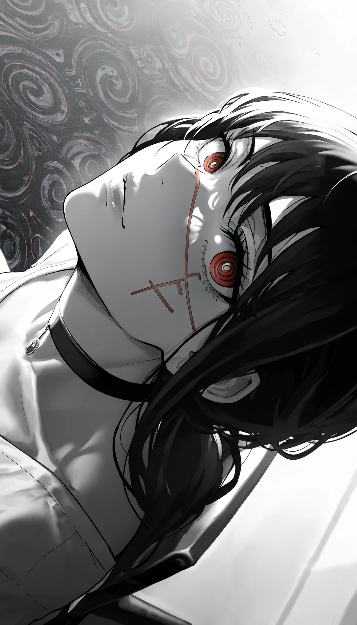 Cool guy、Look Up、Eyes wide open、Blood dripping down my face、Dark Eyes、Scars from being punched in the face、White shirt、Face close-up、fear、