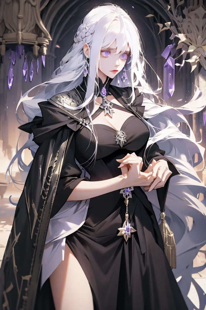 Create an illustration of a dark, alluring sorceress with deep purple skin and long, flowing white hair. She has piercing blue eyes and wears large, black, curved horns on her head. She is adorned with intricate, dark clothing with elegant patterns and a high collar. The sorceress has a blue jewel on her forehead and wears matching earrings. The background is dark, with subtle glowing stars and a mystical ambiance, highlighting her mysterious and enchanting presence. - watercolor drawing on old scripts